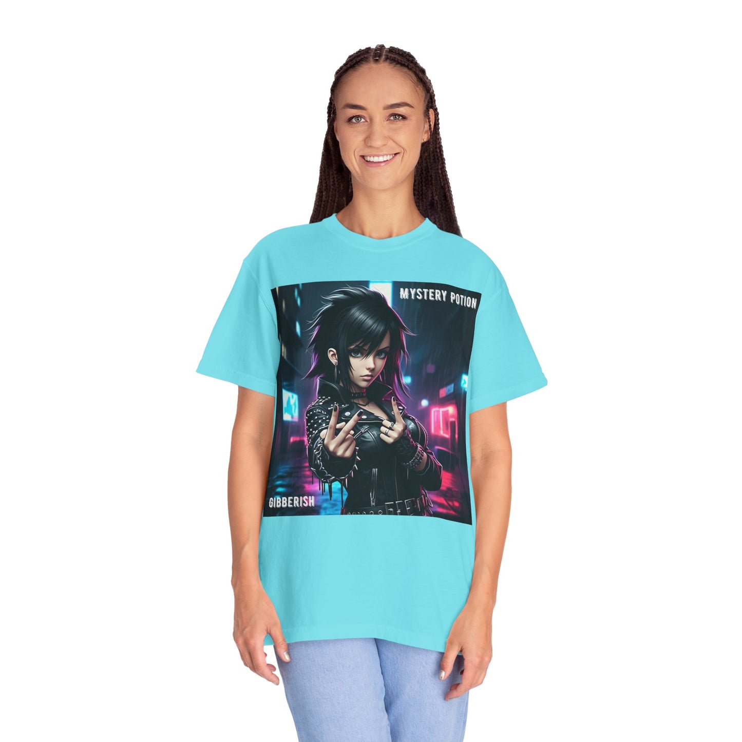 'Gibberish' by Mystery Potion, Cyberpunk Manga Graphic T-Shirt, Edgy Streetwear, Unisex Tee, Vintage Look, Gaming Style, Art Lover Gift
