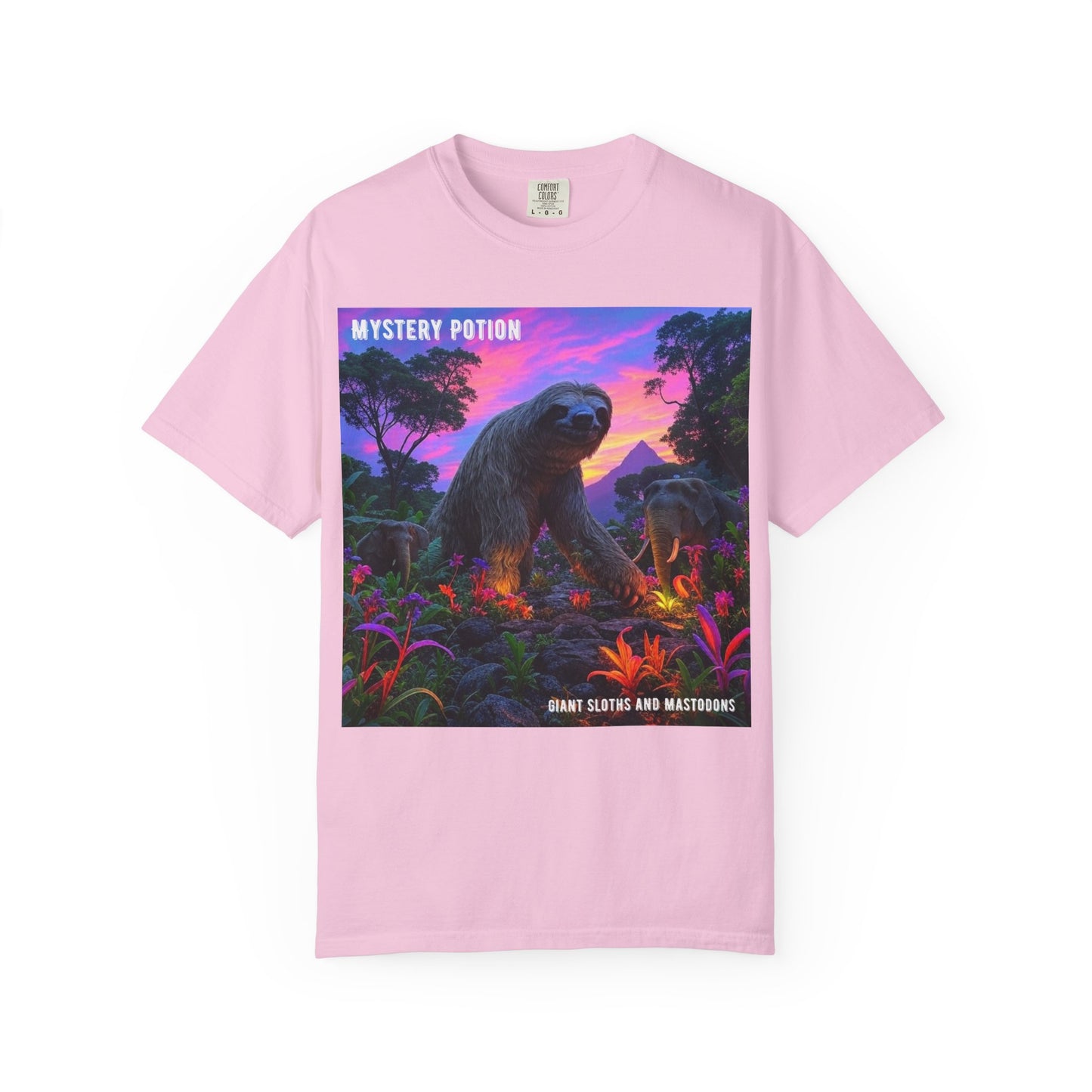 Mystery Potion's Giant Sloths and Mastodons Graphic T-Shirt | Unisex Garment-Dyed Tee for Nature Lovers, Unique Gift, Festival Wear, Prehistoric Design