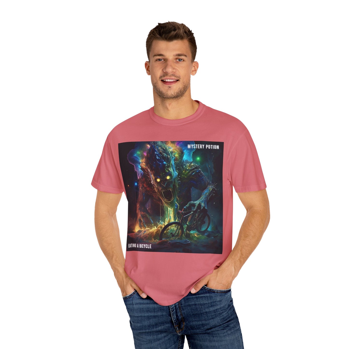 'Eating a Bicycle' by Mystery Potion, Unisex Garment-Dyed T-shirt, Monster Over City
