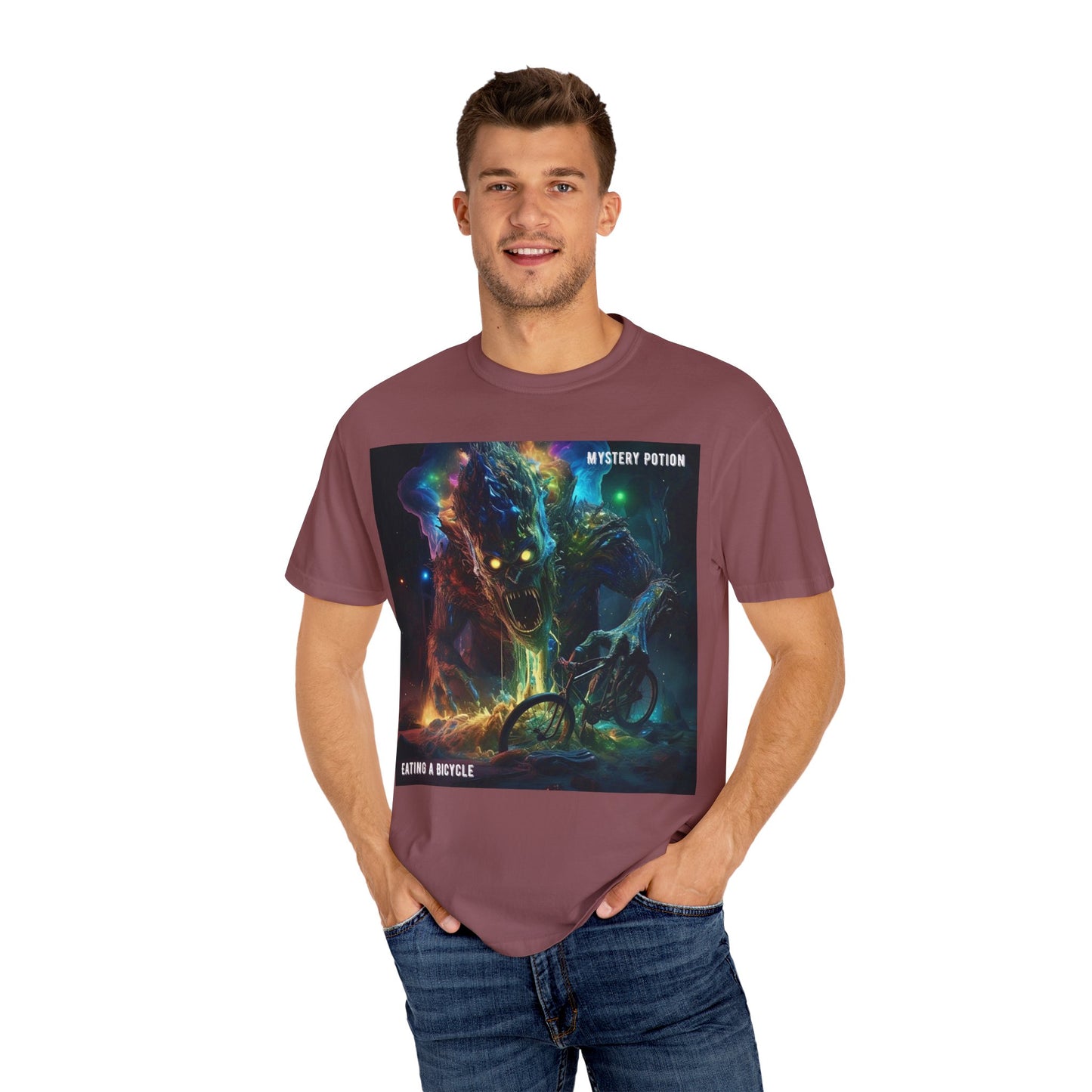 'Eating a Bicycle' by Mystery Potion, Unisex Garment-Dyed T-shirt, Monster Over City