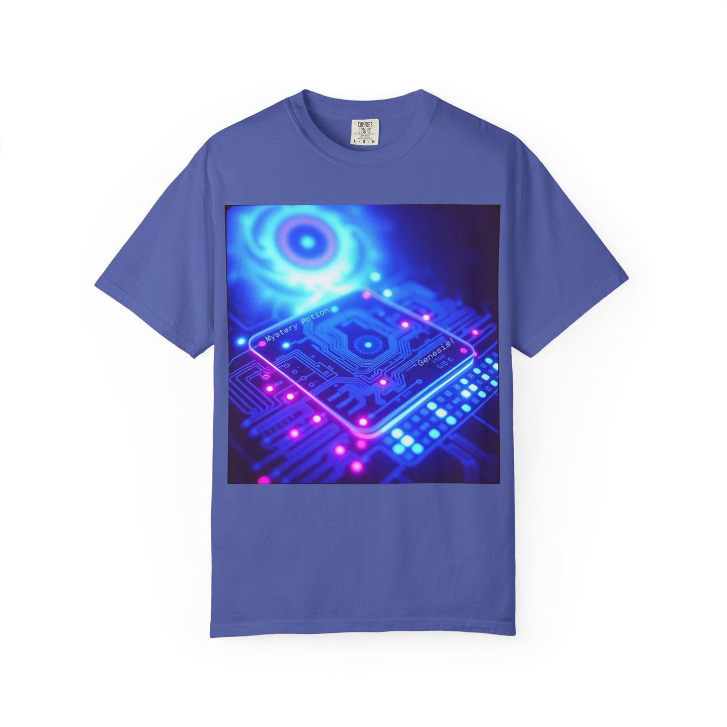 Genesis by Mystery Potion, Tech-Inspired Unisex Garment-Dyed T-Shirt, Unique Gift for Tech Lovers, Festival Wear, Casual Style, Gamer Apparel, Cyberpunk Vibe