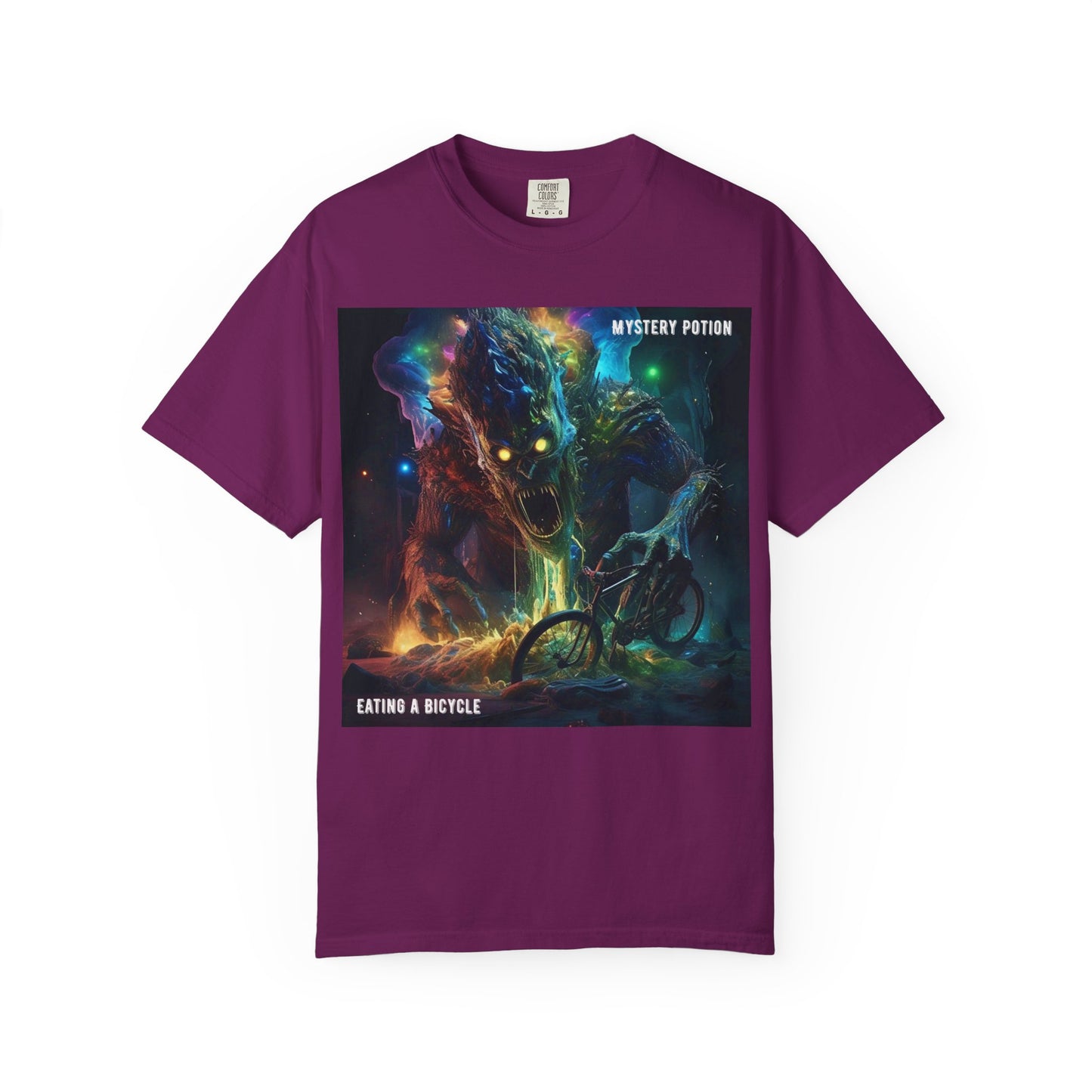 'Eating a Bicycle' by Mystery Potion, Unisex Garment-Dyed T-shirt, Monster Over City