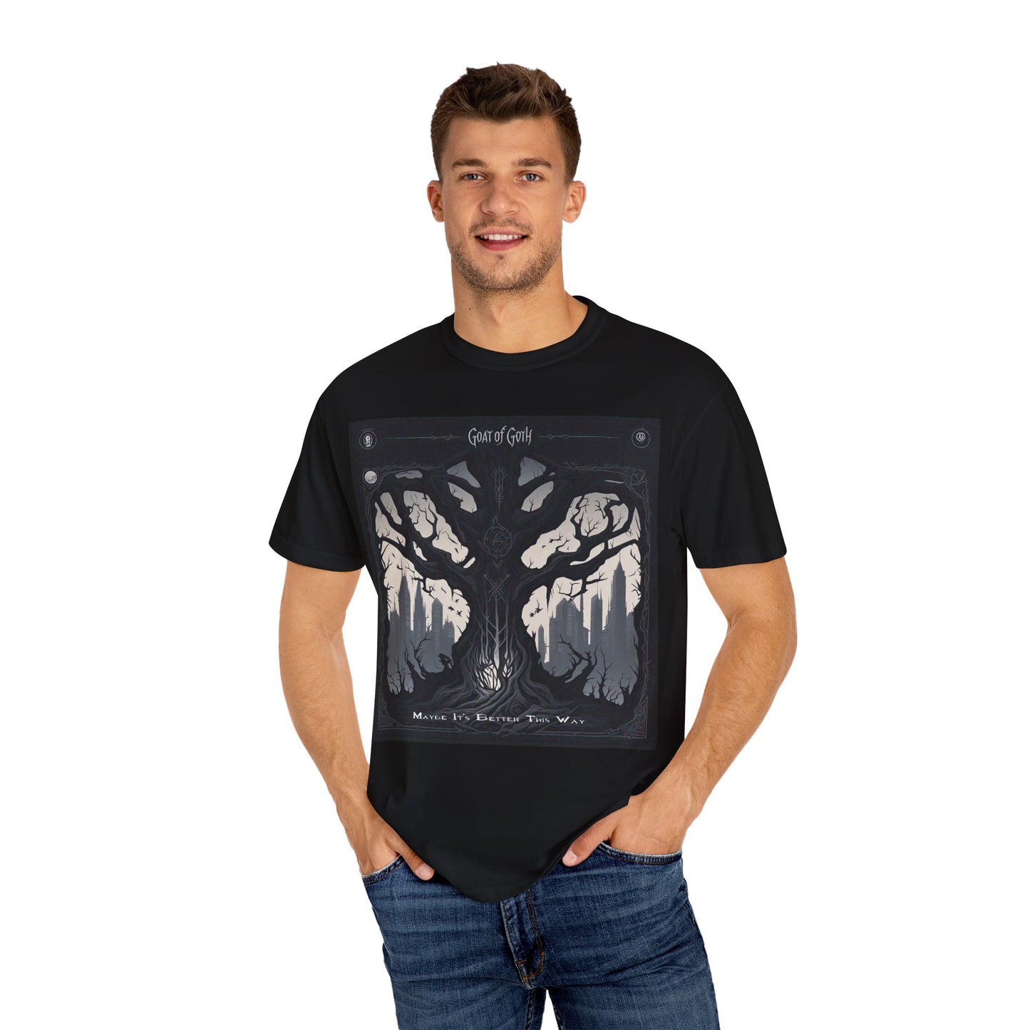 Gothic Tree T-Shirt, GOAT of Goth Unisex Cotton Tee for Nature Lovers, Unique Graphic Tee, Perfect for Festivals, Gift for Adventurers, Eco-Friendly Wear
