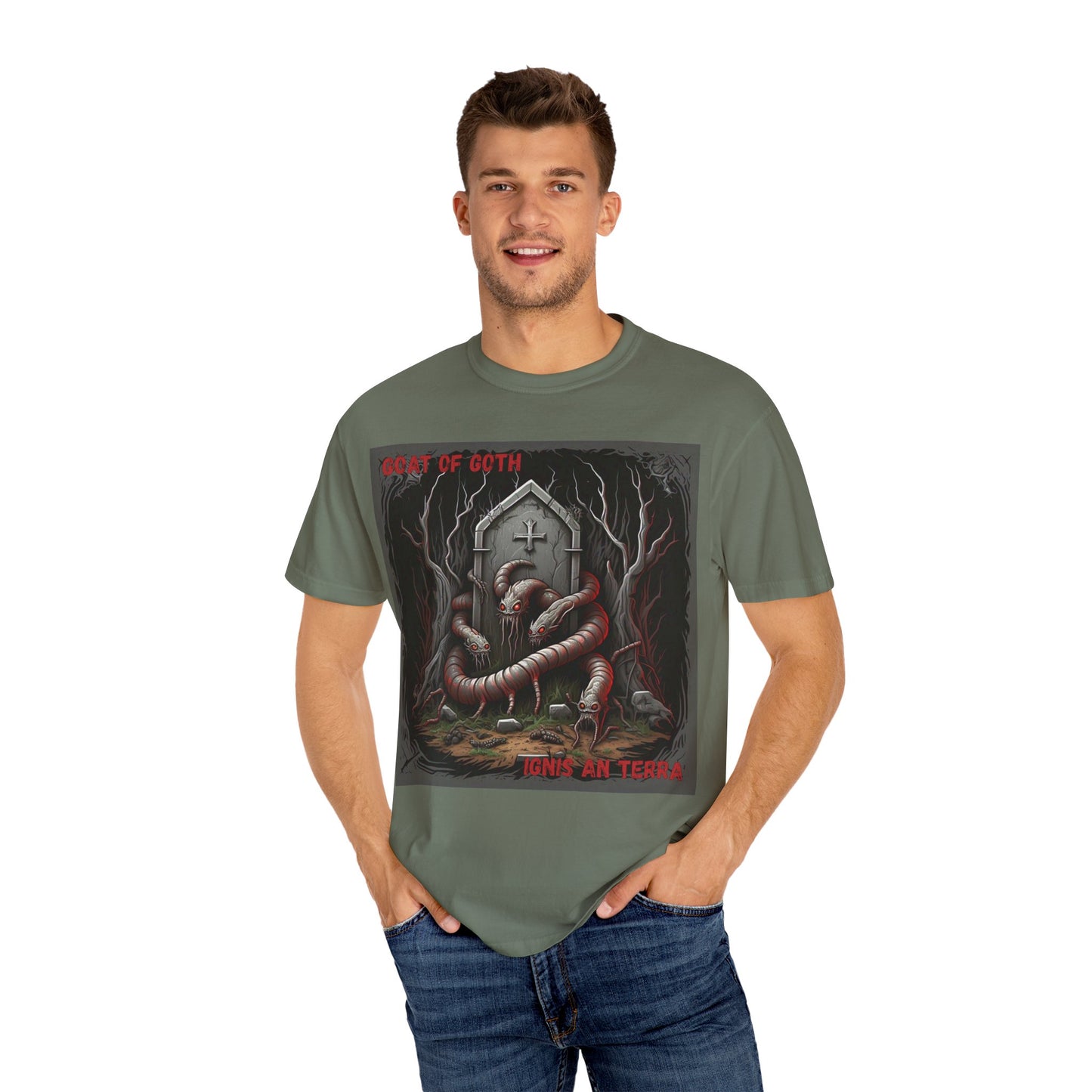'Ignis An Terra' by GOAT of Goth, Gothic Graphic T-Shirt, Dark Aesthetic Tee, Unisex Halloween Shirt, Unique Gift for Horror Lovers, Casual Everyday Wear