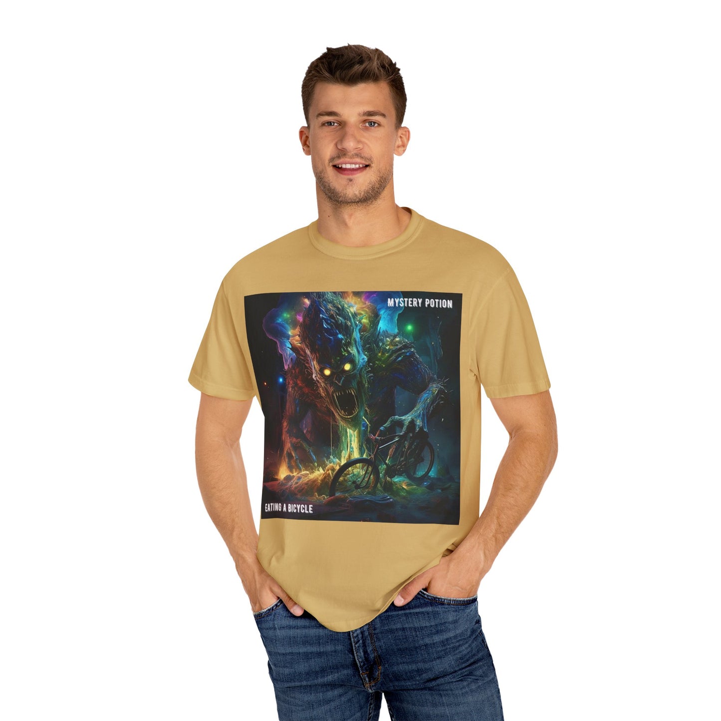 'Eating a Bicycle' by Mystery Potion, Unisex Garment-Dyed T-shirt, Monster Over City