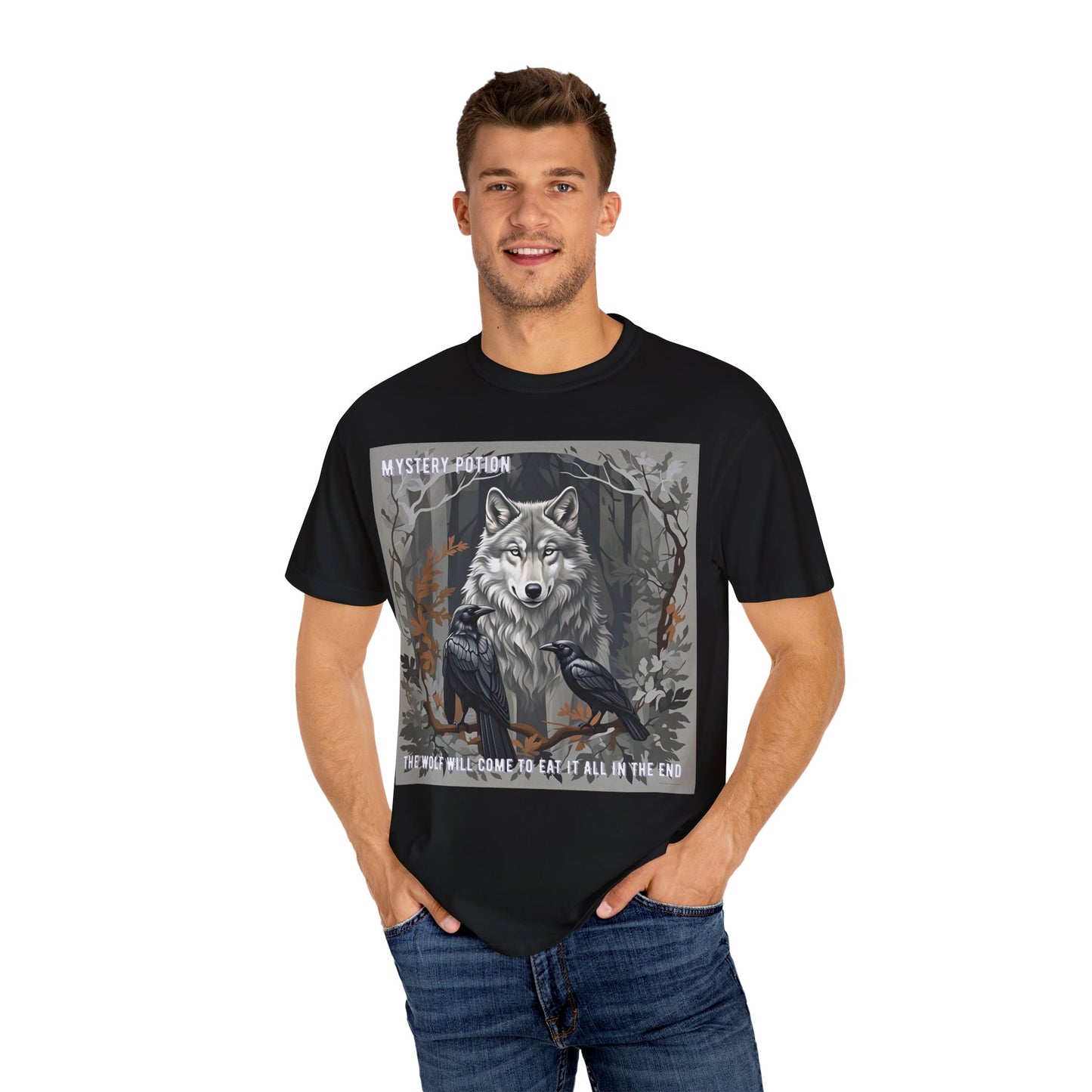 'The Wolf Will Come To Eat It All In The End' by Mystery Potion, Unisex T-Shirt, Edgy Graphic Tee, Animal Lover Gift, Fantasy Shirt, Halloween Apparel, Unique Graphic Shirt