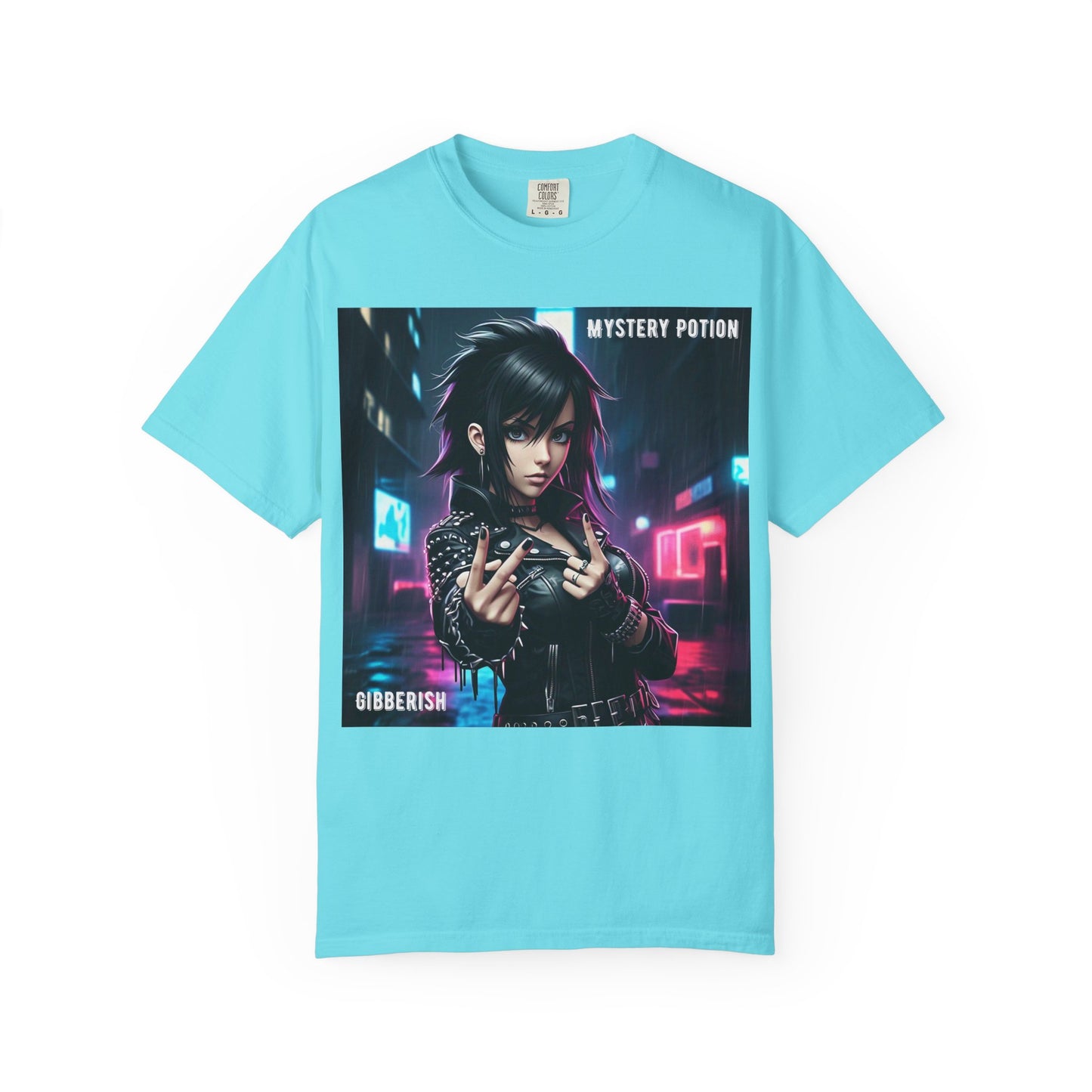 'Gibberish' by Mystery Potion, Cyberpunk Manga Graphic T-Shirt, Edgy Streetwear, Unisex Tee, Vintage Look, Gaming Style, Art Lover Gift