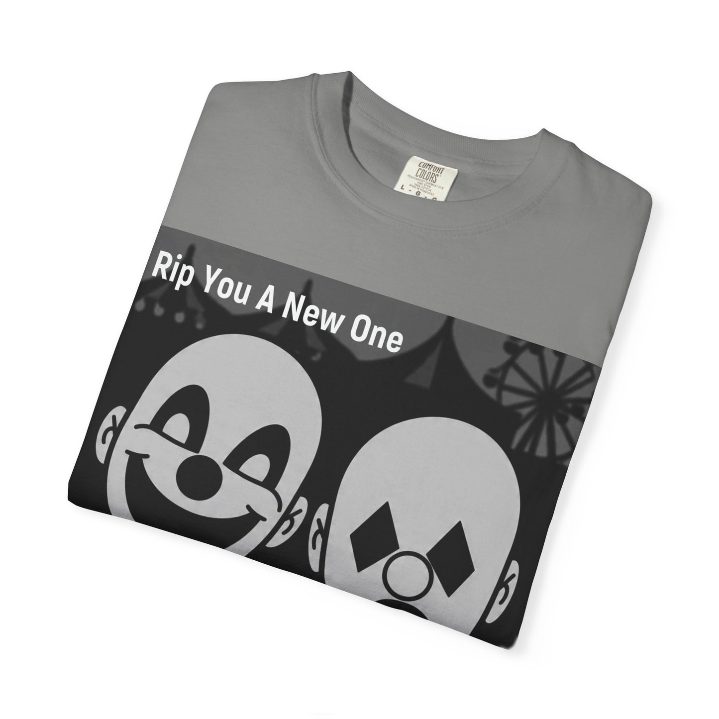 'My Life's A Circus' by Rip You A New One, Clown-Themed Unisex T-Shirt, Quirky Graphic Tee, Funny Gift for Theatre Lovers, Unique Casual Wear, Statement T-shirt, Humor Apparel, Sad and Happy Faces
