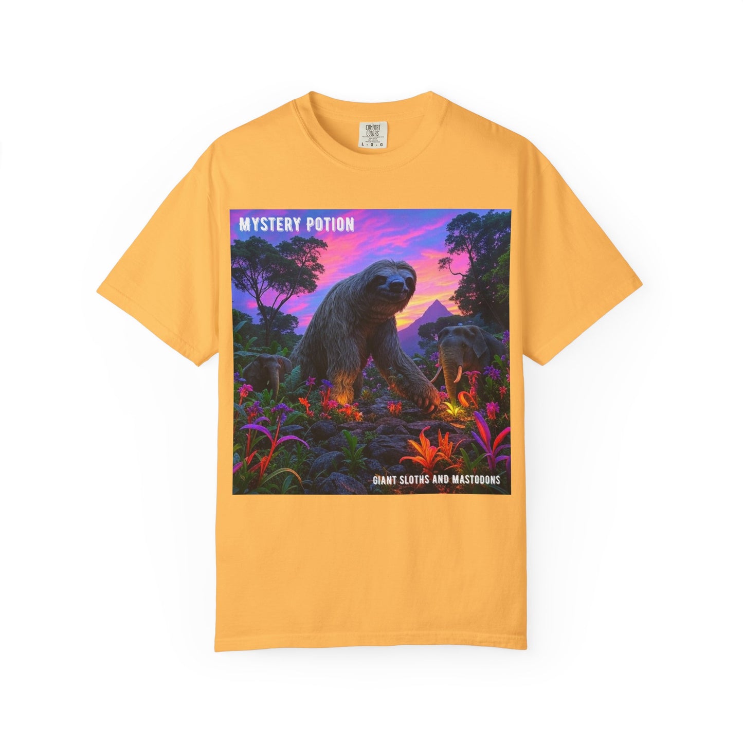 Mystery Potion's Giant Sloths and Mastodons Graphic T-Shirt | Unisex Garment-Dyed Tee for Nature Lovers, Unique Gift, Festival Wear, Prehistoric Design
