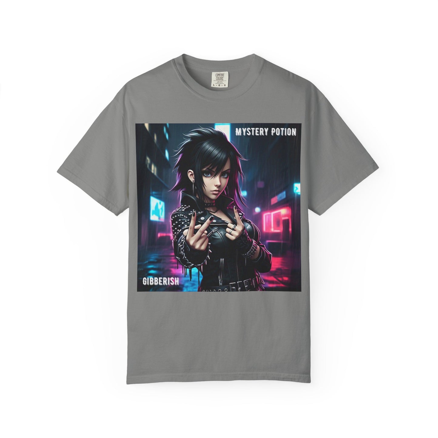 'Gibberish' by Mystery Potion, Cyberpunk Manga Graphic T-Shirt, Edgy Streetwear, Unisex Tee, Vintage Look, Gaming Style, Art Lover Gift