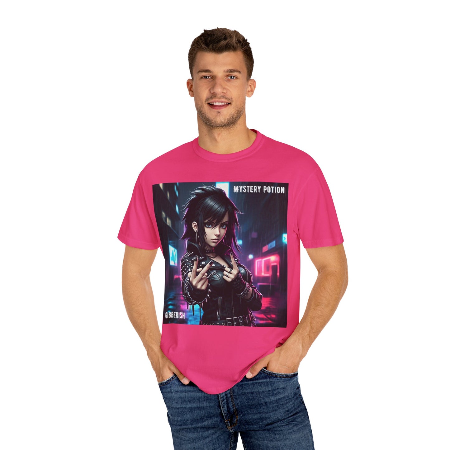 'Gibberish' by Mystery Potion, Cyberpunk Manga Graphic T-Shirt, Edgy Streetwear, Unisex Tee, Vintage Look, Gaming Style, Art Lover Gift