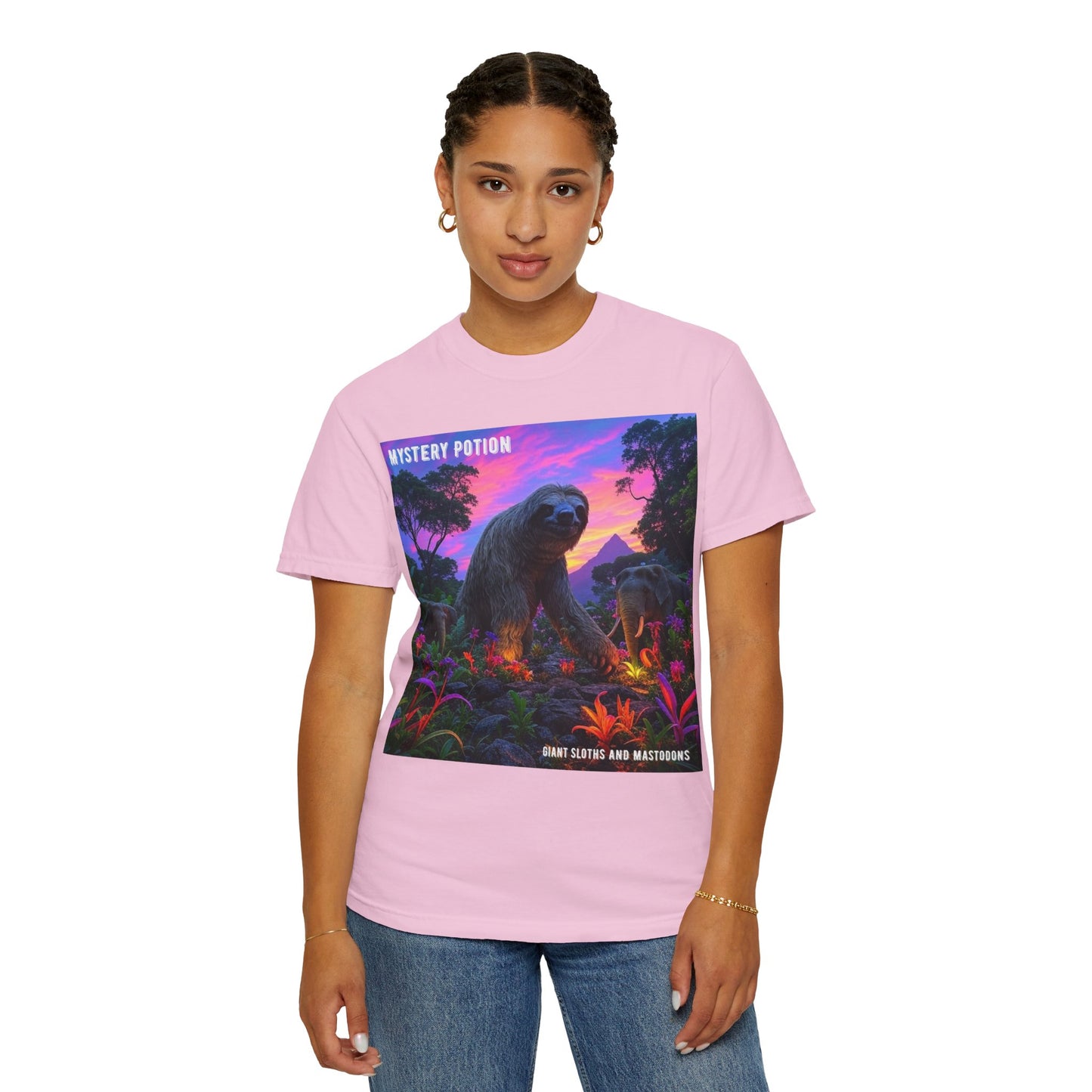 Mystery Potion's Giant Sloths and Mastodons Graphic T-Shirt | Unisex Garment-Dyed Tee for Nature Lovers, Unique Gift, Festival Wear, Prehistoric Design