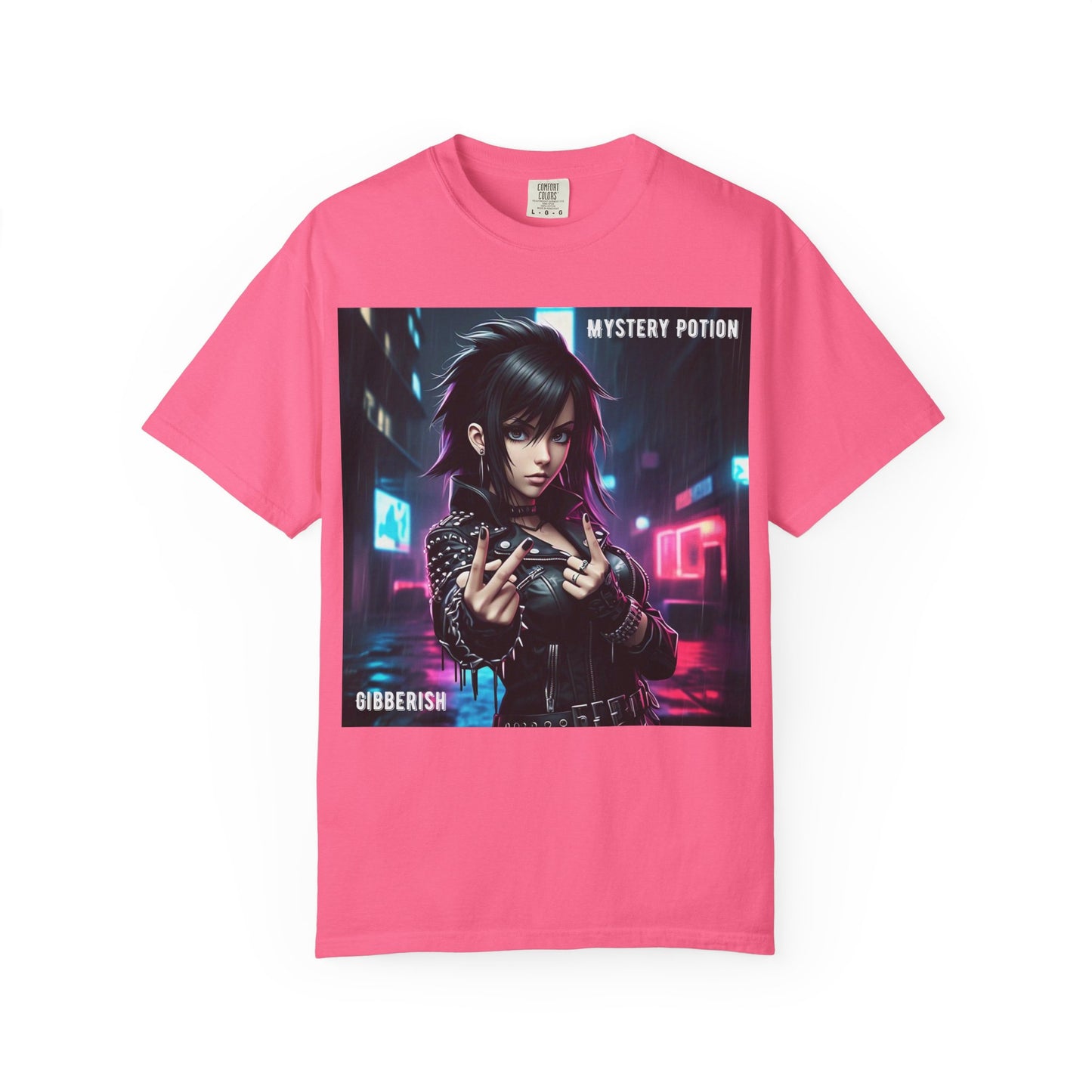 'Gibberish' by Mystery Potion, Cyberpunk Manga Graphic T-Shirt, Edgy Streetwear, Unisex Tee, Vintage Look, Gaming Style, Art Lover Gift