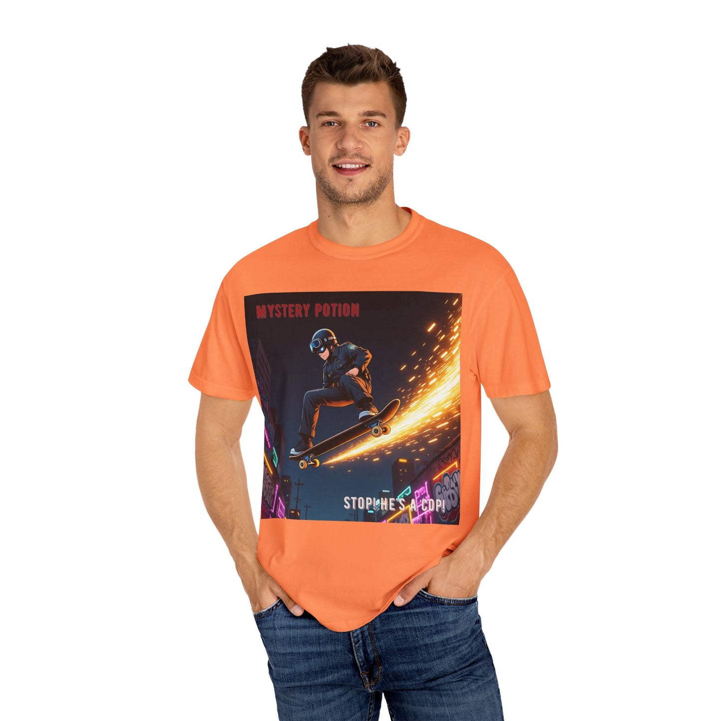 'Stop! He's A Cop!' by Mystery Potion, Skateboard Hardcore Punk T-shirt, Cozy Graphic Tee, Perfect Gift for Skaters, Unisex Streetwear Shirt, Trendy Casual Wear