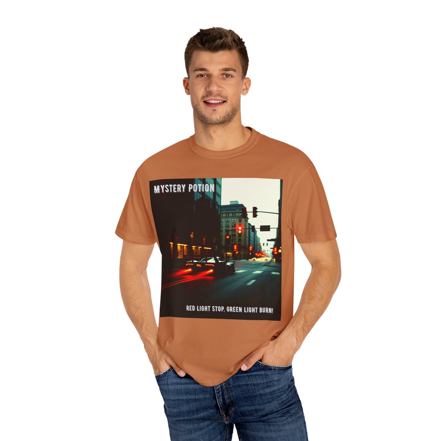 'Red Light Stop, Green Light Burn' by Mystery Potion Urban Vibe T-Shirt, Street Art T-Shirt, Fashion Tee, Gift for Art Lovers, Unisex Cotton Shirt, Unique Graphic Tee
