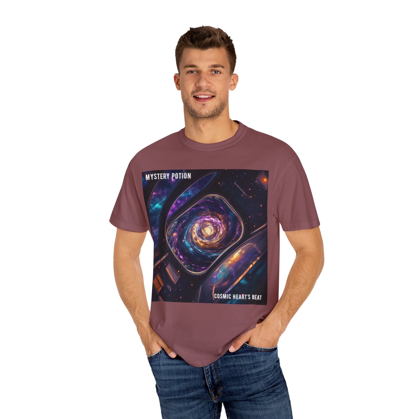 Cosmic Themed Mystery Potion Unisex Garment-Dyed T-shirt, Mystical Tee, Galaxy Shirt, Space Art Apparel, Unique Gift for Event Horizon Stargazers