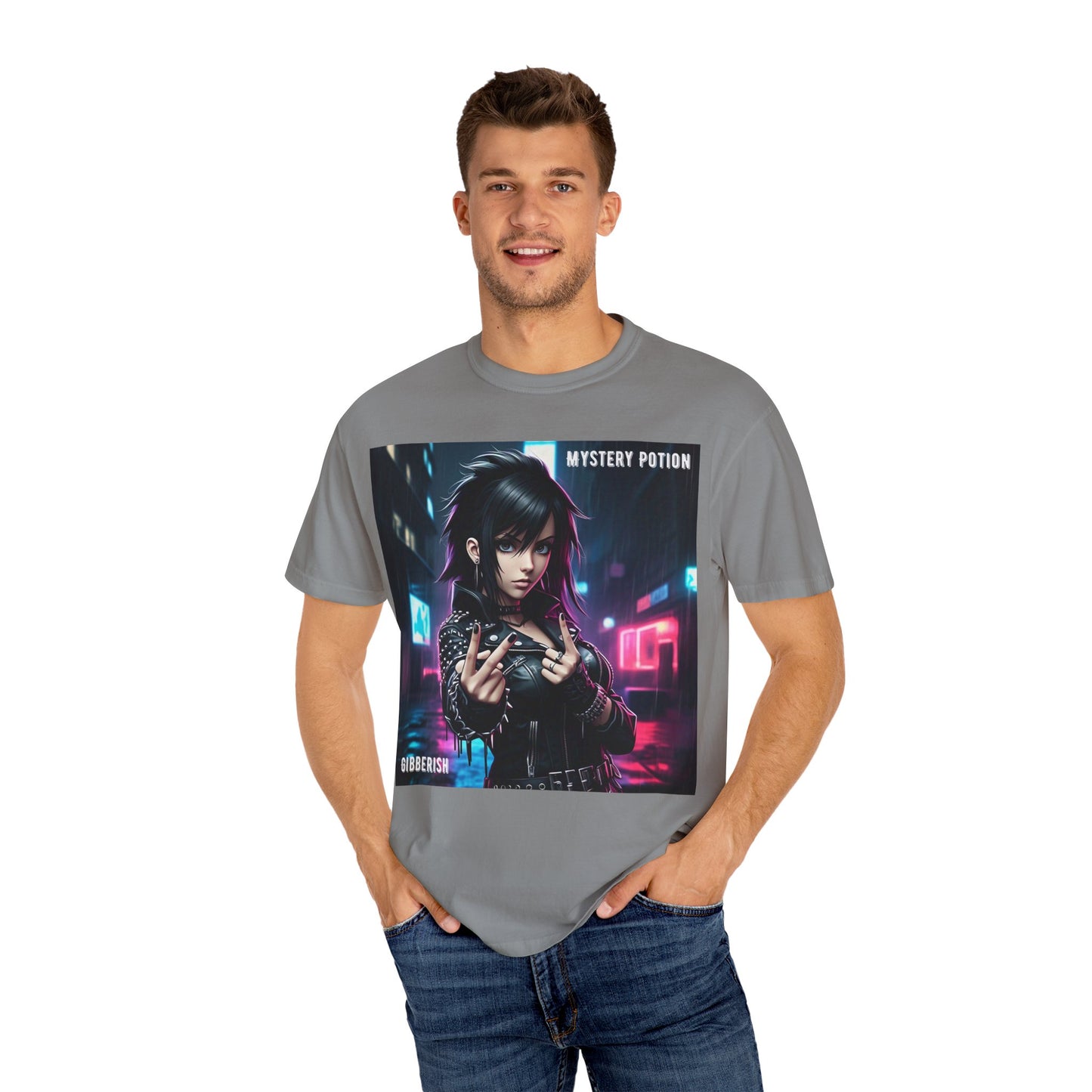 'Gibberish' by Mystery Potion, Cyberpunk Manga Graphic T-Shirt, Edgy Streetwear, Unisex Tee, Vintage Look, Gaming Style, Art Lover Gift