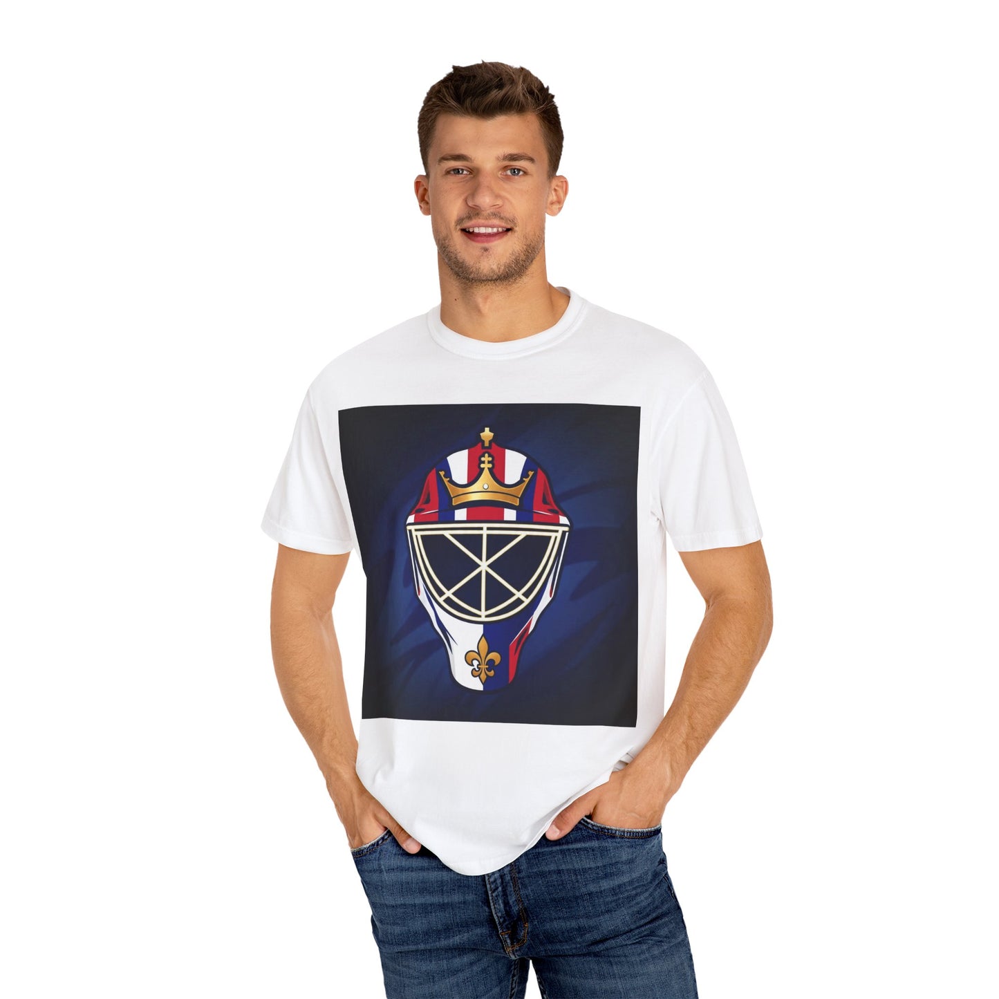 Regal Crown Goalie Mask Graphic T-shirt, Unisex Fashion Tee, Red, White and Blue Casual Wear, Gift for Her/Him, Summer Style, Graphic Apparel, Streetwear