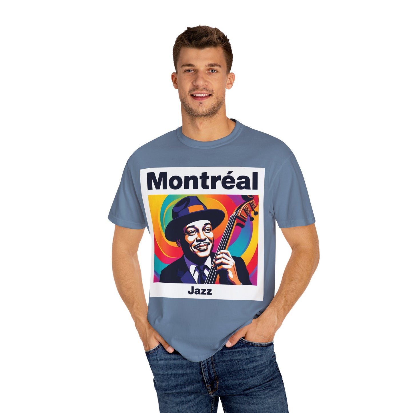 Vibrant Jazz T-Shirt with Montréal Design | Unisex Garment-Dyed Tee for Music Lovers, Concerts, Festivals, Gift Idea, Casual Wear