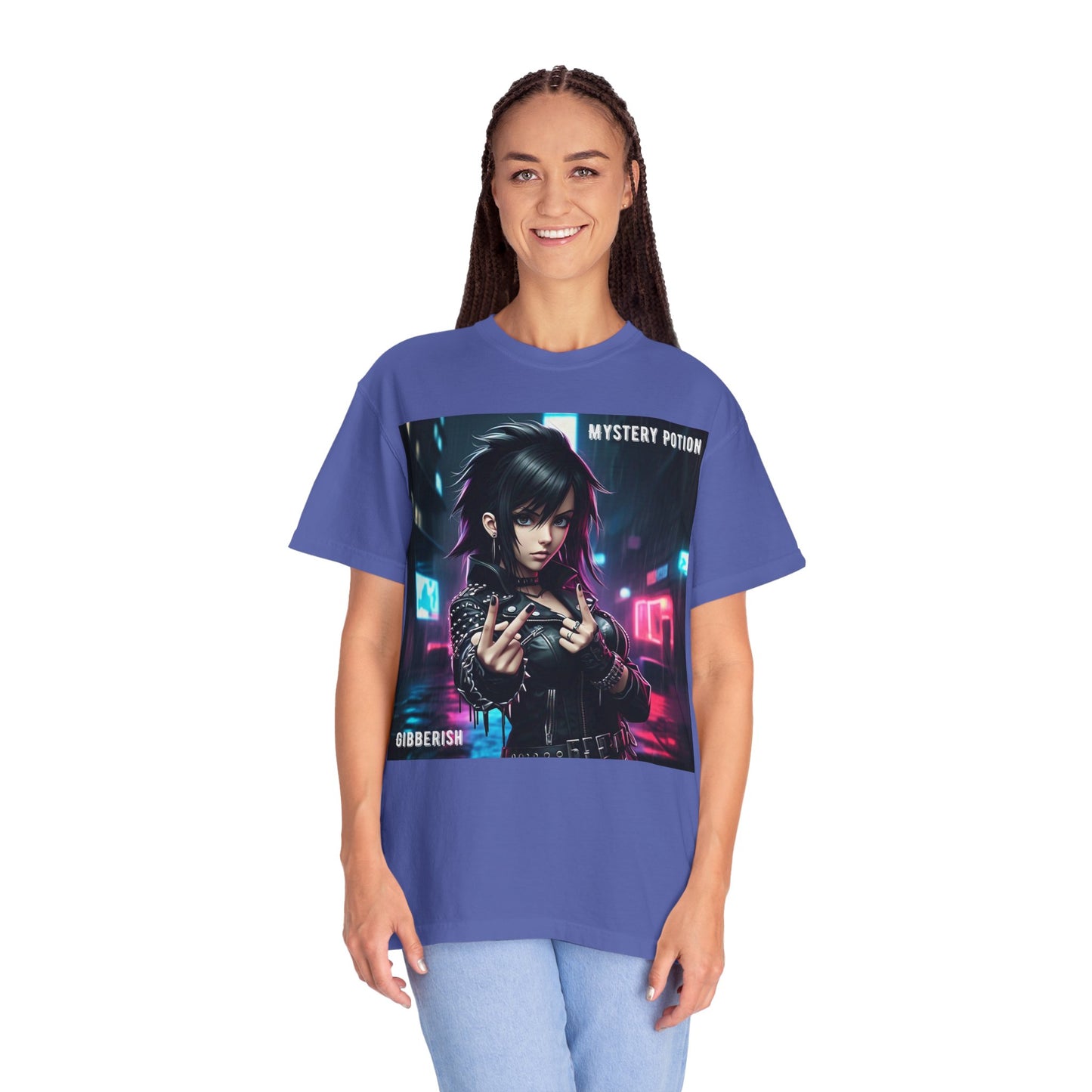 'Gibberish' by Mystery Potion, Cyberpunk Manga Graphic T-Shirt, Edgy Streetwear, Unisex Tee, Vintage Look, Gaming Style, Art Lover Gift