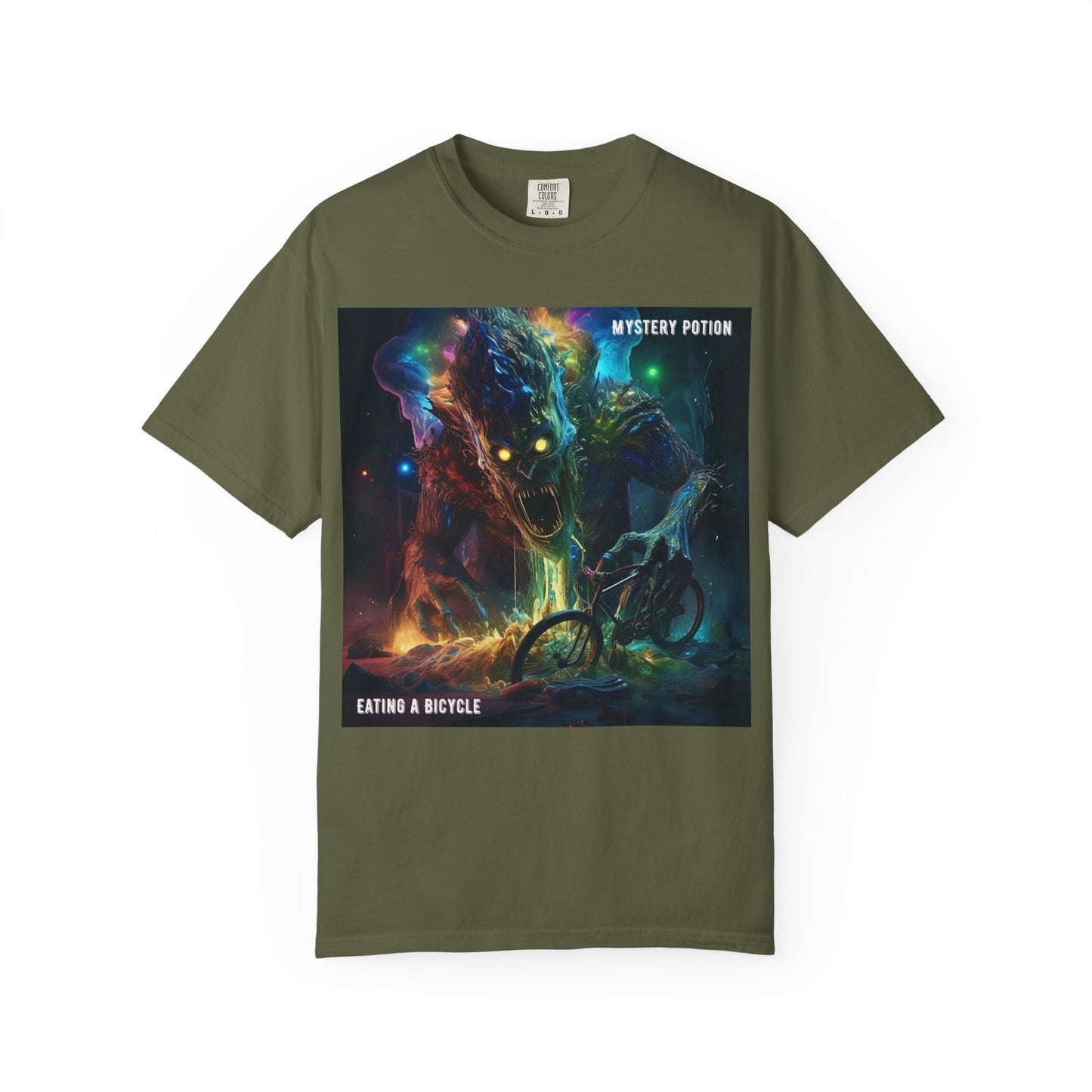 'Eating a Bicycle' by Mystery Potion, Unisex Garment-Dyed T-shirt, Monster Over City