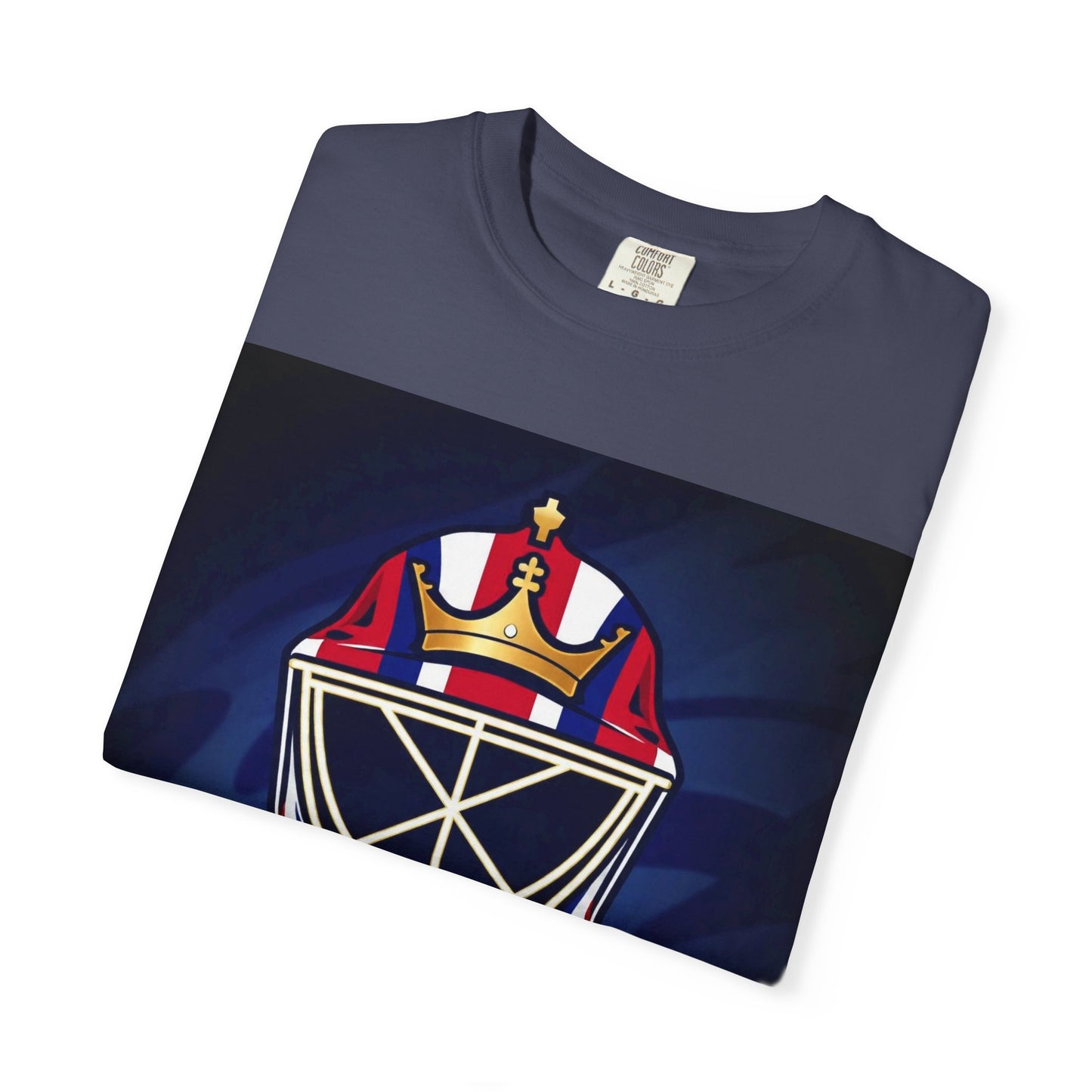 Regal Crown Goalie Mask Graphic T-shirt, Unisex Fashion Tee, Red, White and Blue Casual Wear, Gift for Her/Him, Summer Style, Graphic Apparel, Streetwear