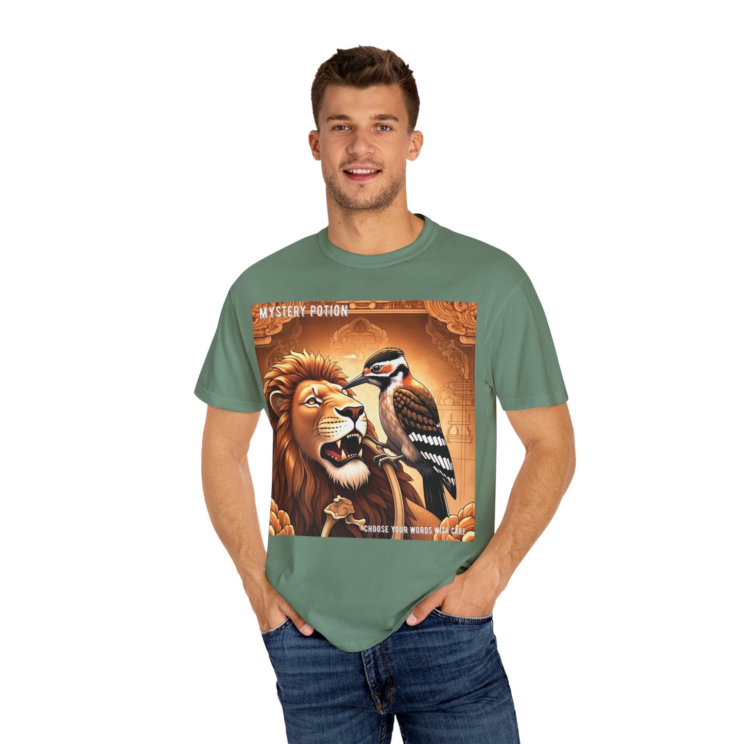 Mystical Lion & Bird T-Shirt | Unique Graphic Tee, Unisex Apparel, Gift for Nature Lovers, Bohemian Style, Festival Wear