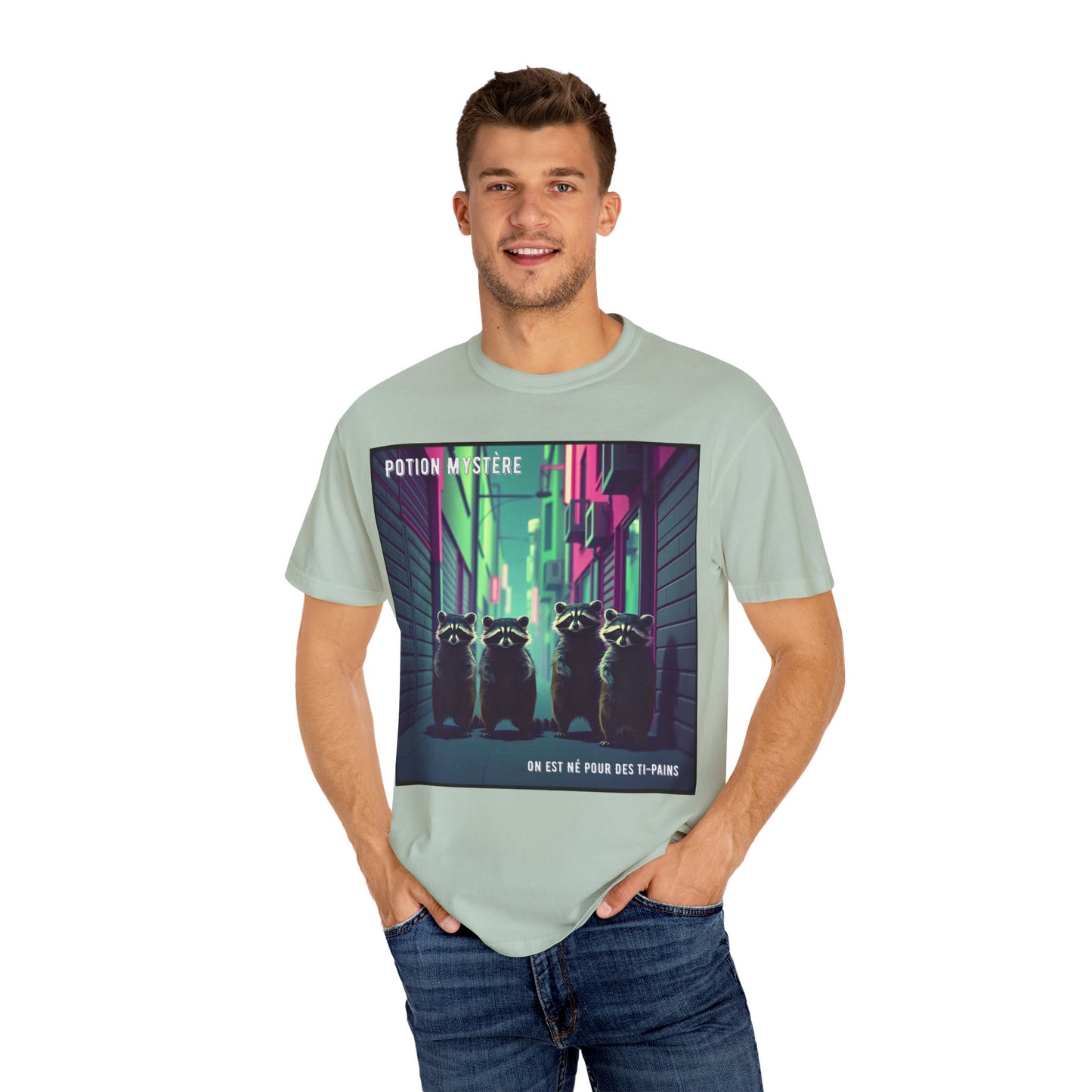 'On Est Né Pour Des Ti Pains' par Potion Mystère, Racoons Graphic Tee for Nature Lovers, Unisex Shirt for Pop Punk Song, Gift for Gamers, Casual Wear, Eco-Friendly Apparel