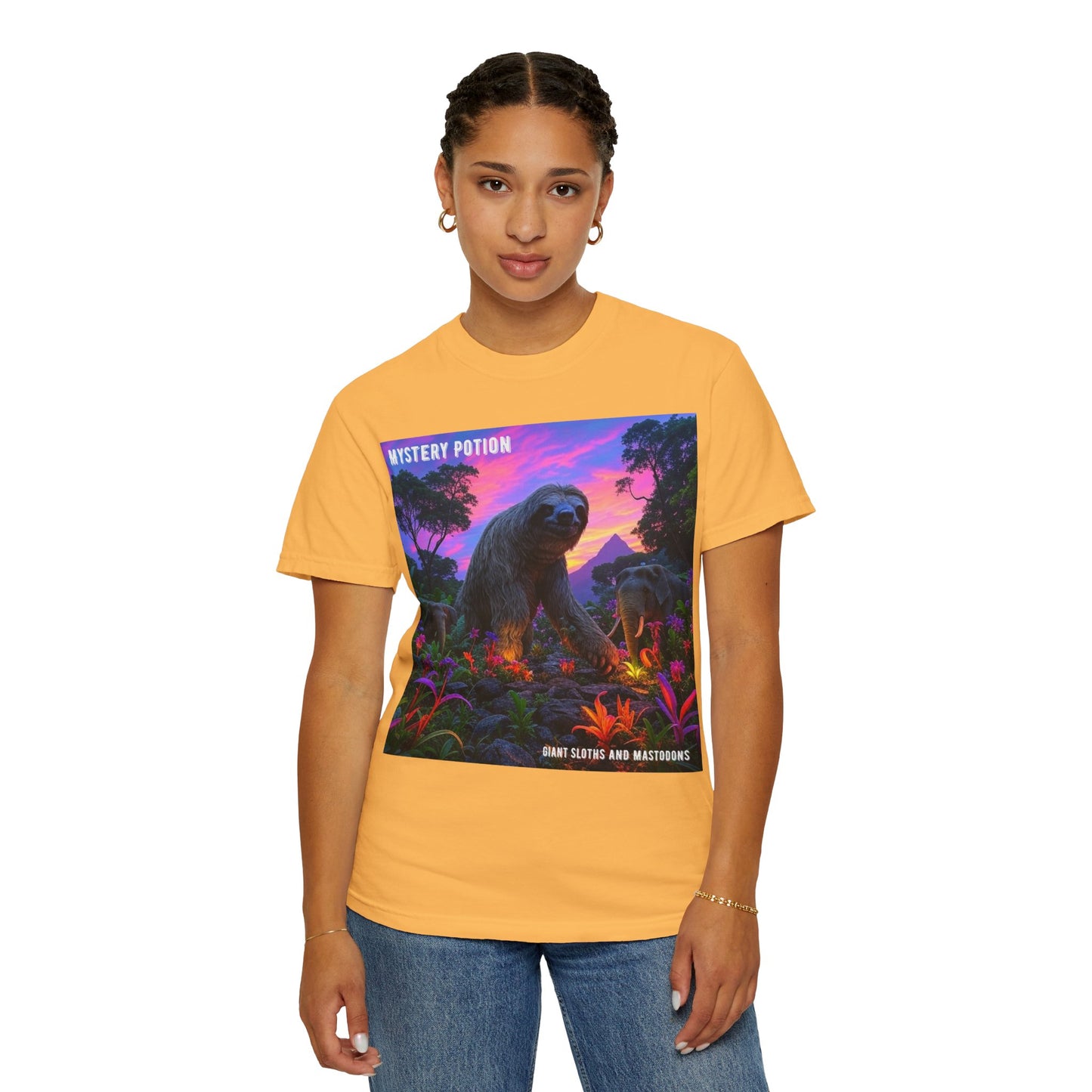 Mystery Potion's Giant Sloths and Mastodons Graphic T-Shirt | Unisex Garment-Dyed Tee for Nature Lovers, Unique Gift, Festival Wear, Prehistoric Design