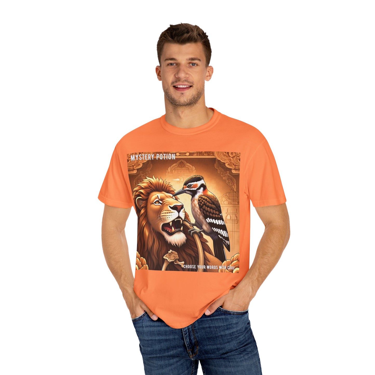 Mystical Lion & Bird T-Shirt | Unique Graphic Tee, Unisex Apparel, Gift for Nature Lovers, Bohemian Style, Festival Wear