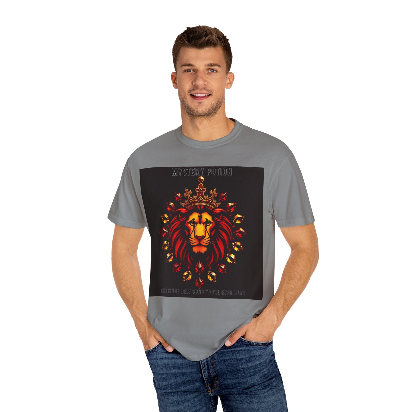 'This Is The Best Song You'll Ever Hear' by Mystery Potion, Bold Graphic Royal Lion T-Shirt, Unisex Tee, Streetwear Style, Gift for Lion Lovers, Perfect for Casual Outings, Unique Clothing