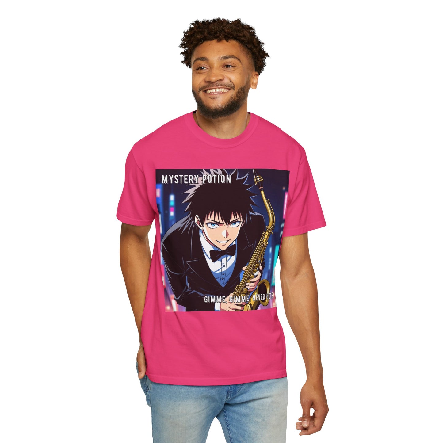 'Gimme, Gimme, Never Gets' by Mystery Potion, Mystical Music Vibes T-Shirt | Unisex Garment-Dyed Tee, Anime-Inspired Shirt, Graphic Tee for Music Lovers, Unique Gift, Casual Wear