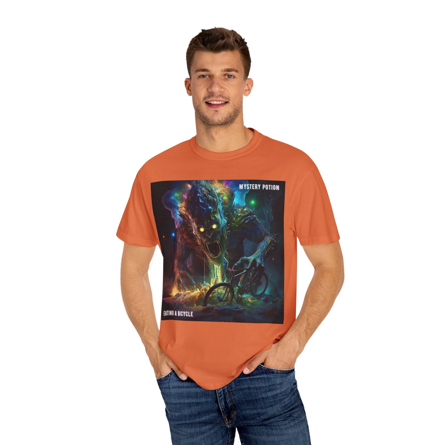 'Eating a Bicycle' by Mystery Potion, Unisex Garment-Dyed T-shirt, Monster Over City