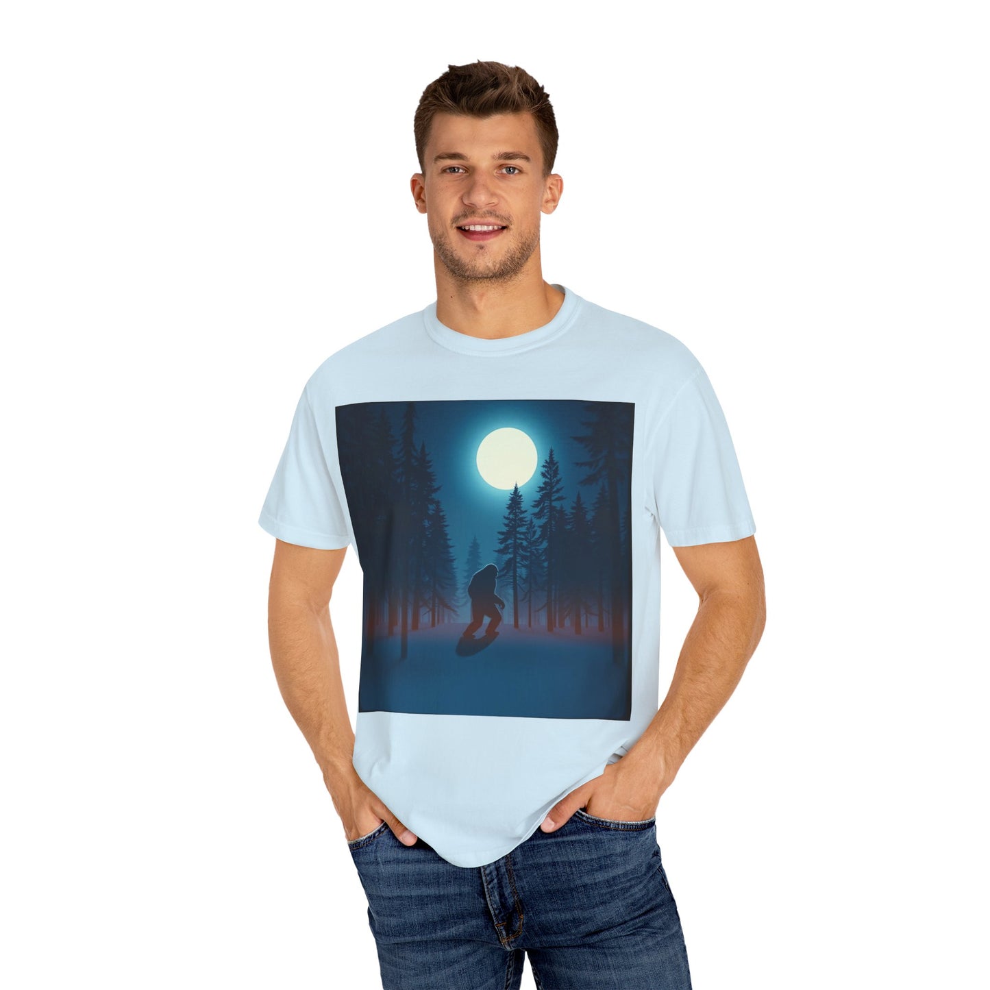 Moonlit Forest Snowboarder T-Shirt, Cozy Adventure Tee, Winter Sports Gift, Unisex Apparel, Outdoor Vibes