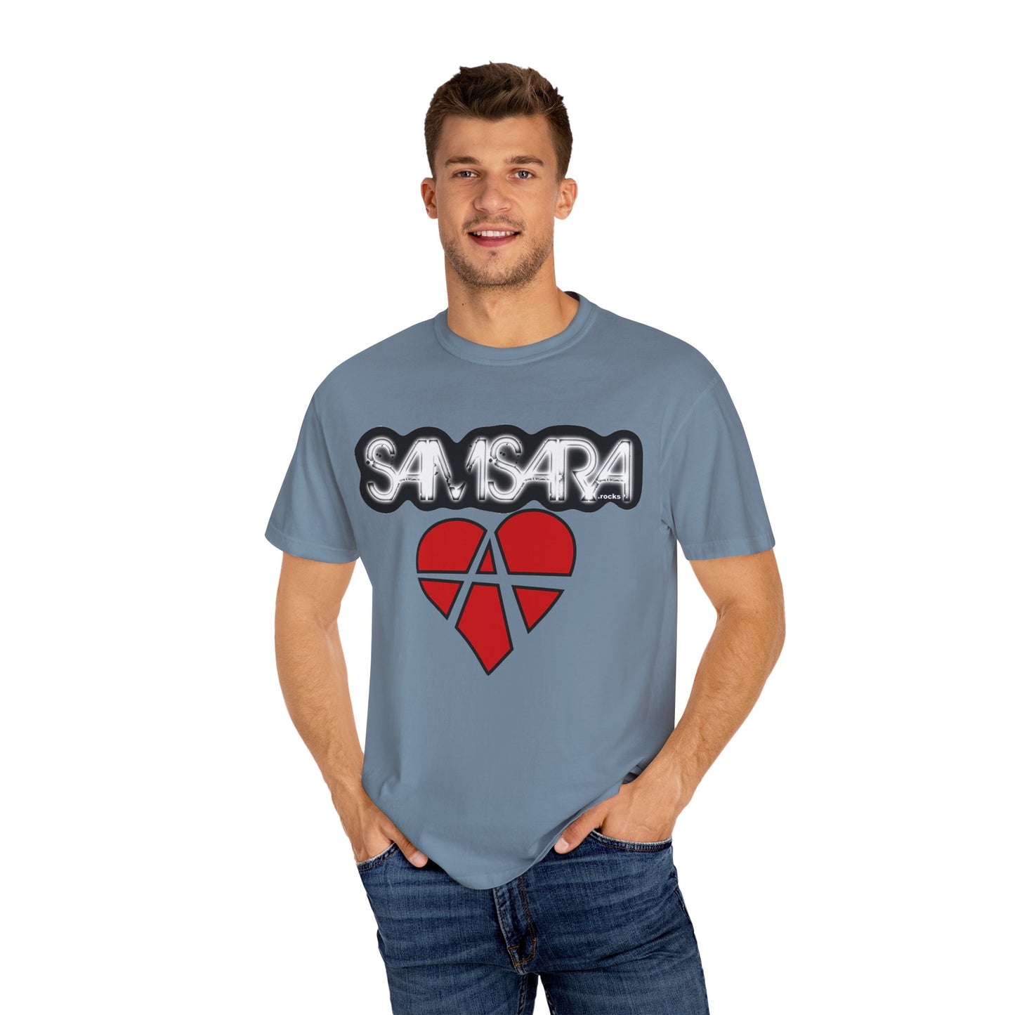 'Samsara Rocks' Logo, Love and Anarchy Graphic Tee | Unisex Garment-Dyed T-Shirt, Casual Fashion, Heart Design, Streetwear, Gift for Him/Her
