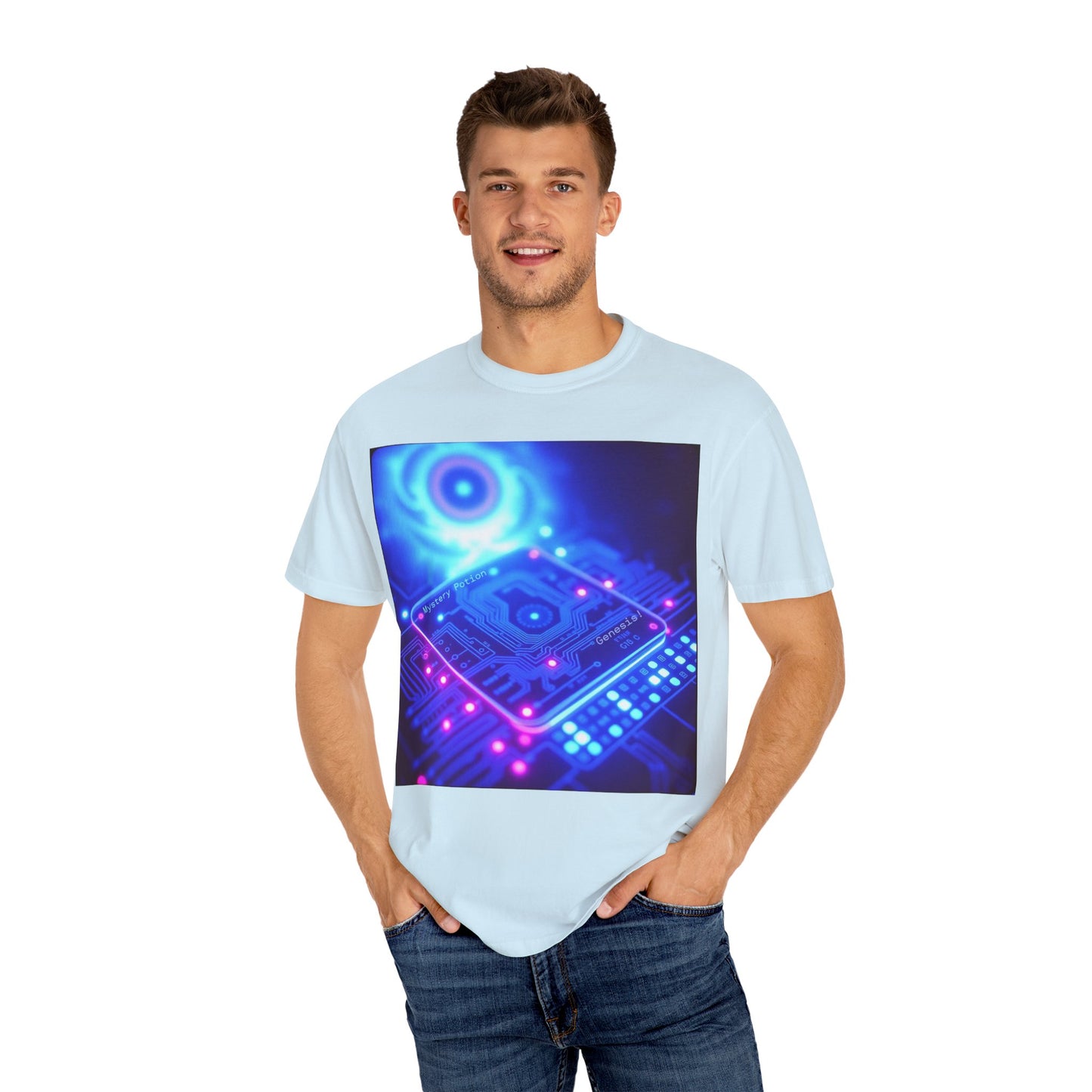 Genesis by Mystery Potion, Tech-Inspired Unisex Garment-Dyed T-Shirt, Unique Gift for Tech Lovers, Festival Wear, Casual Style, Gamer Apparel, Cyberpunk Vibe
