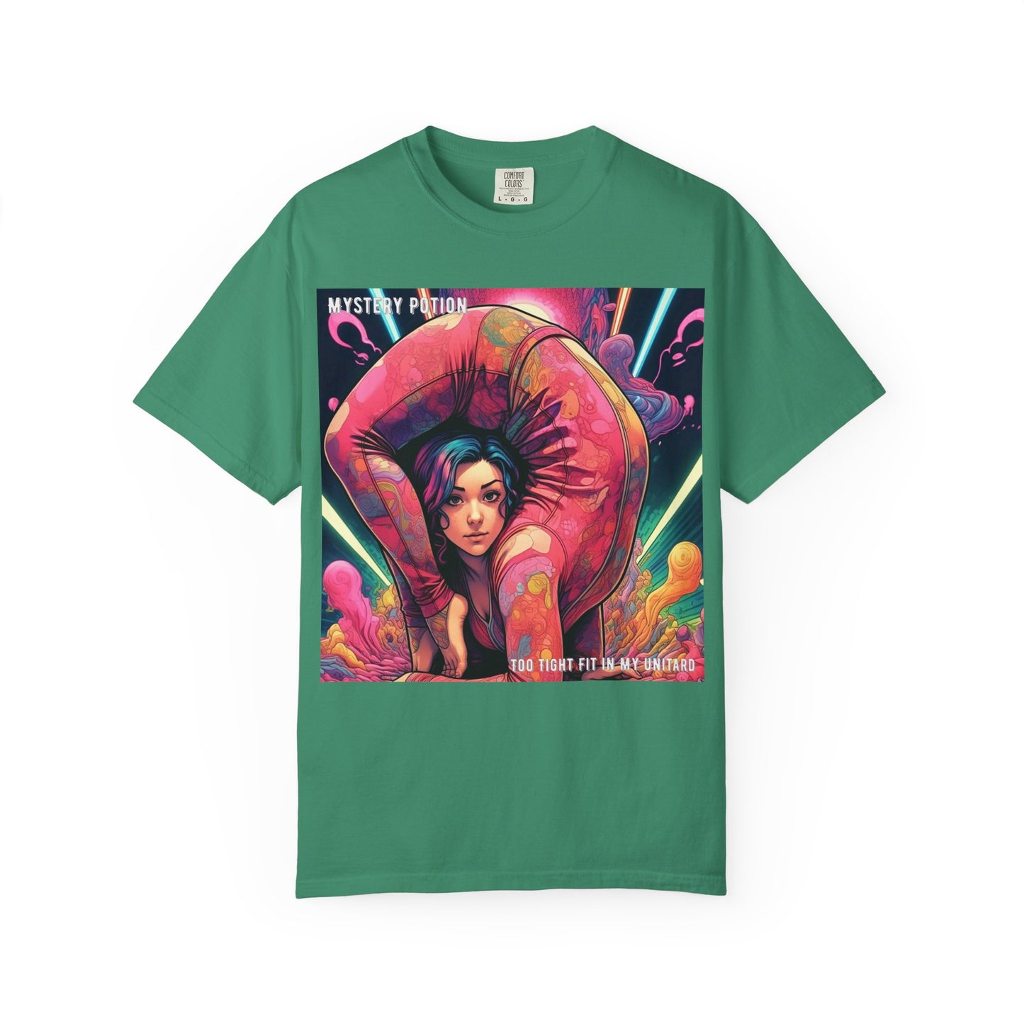 Mystery Potion Extreme Yoga Pose Unisex Garment-Dyed T-shirt, Artistic Tee, Vibrant Graphic Shirt, Unique Gift, Festival Wear, Comfortable Casual Top