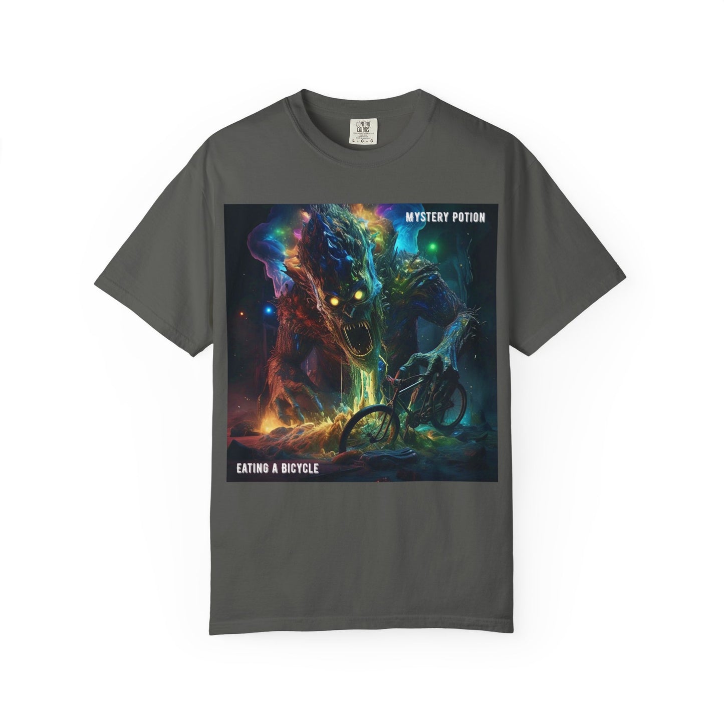'Eating a Bicycle' by Mystery Potion, Unisex Garment-Dyed T-shirt, Monster Over City