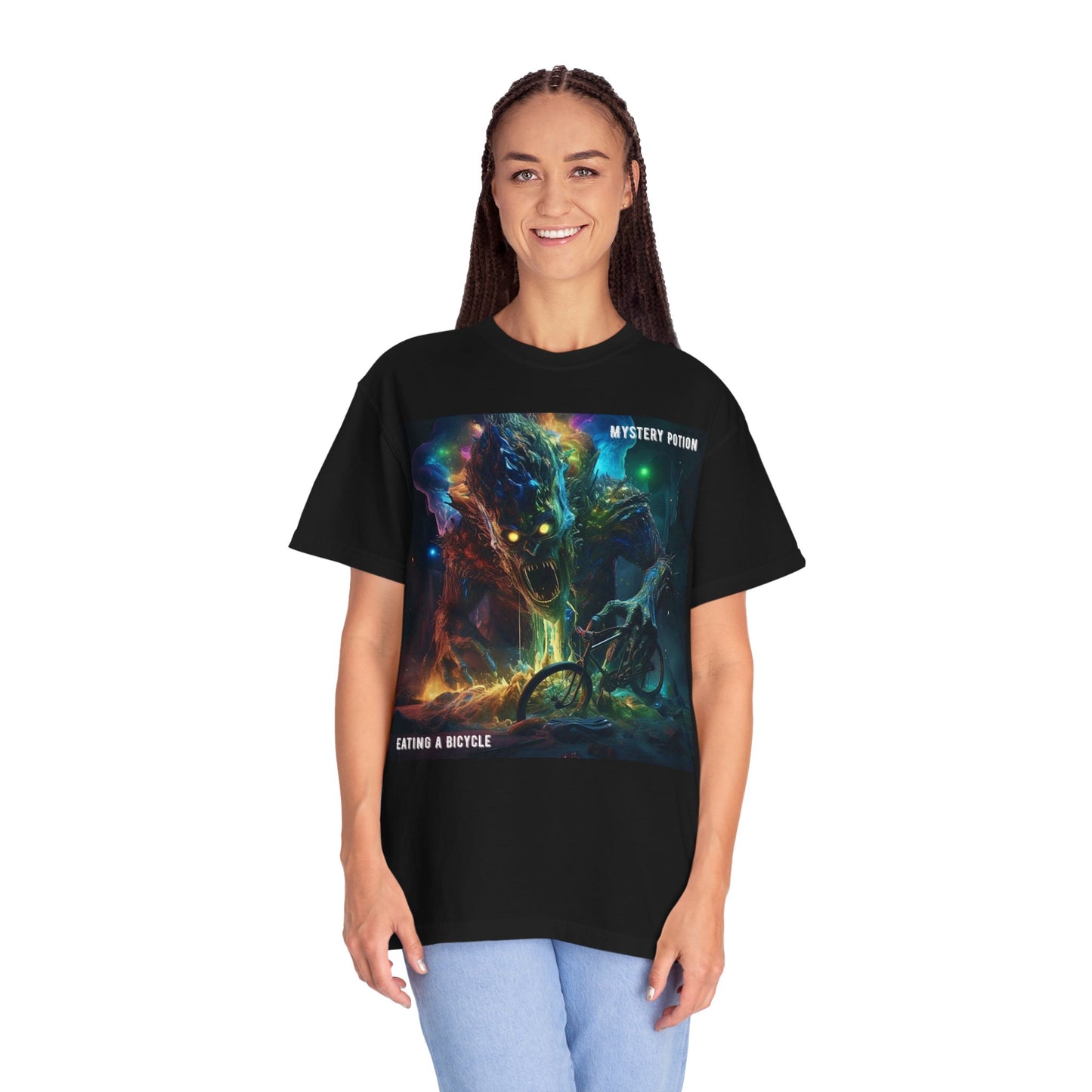 'Eating a Bicycle' by Mystery Potion, Unisex Garment-Dyed T-shirt, Monster Over City