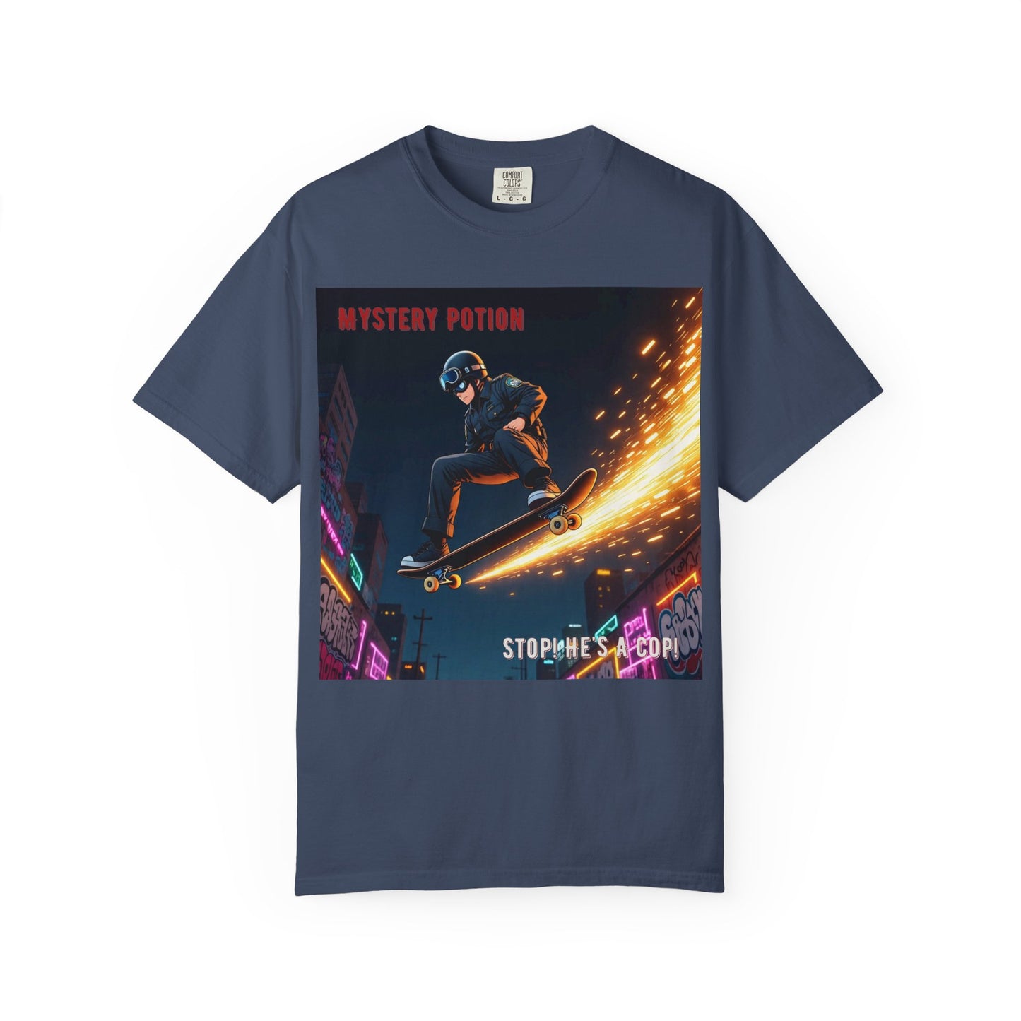 'Stop! He's A Cop!' by Mystery Potion, Skateboard Hardcore Punk T-shirt, Cozy Graphic Tee, Perfect Gift for Skaters, Unisex Streetwear Shirt, Trendy Casual Wear