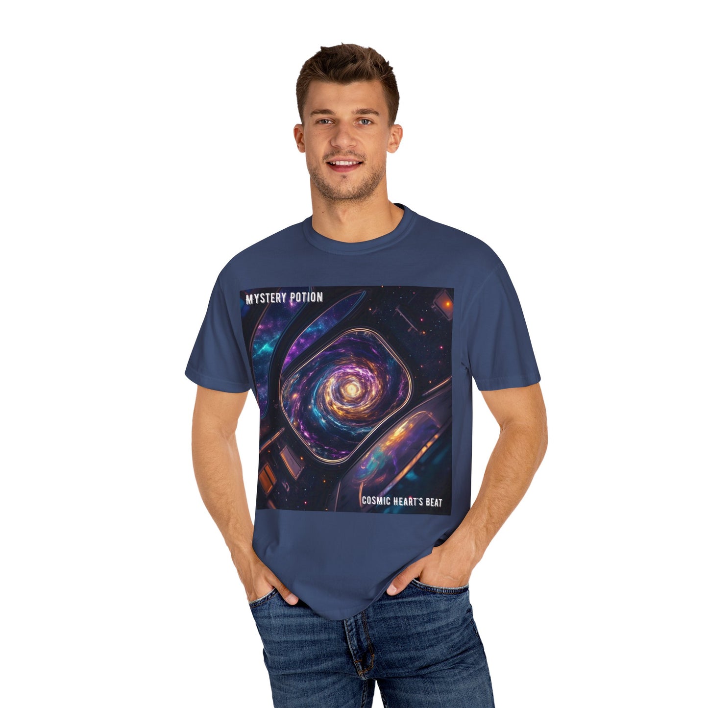 Cosmic Themed Mystery Potion Unisex Garment-Dyed T-shirt, Mystical Tee, Galaxy Shirt, Space Art Apparel, Unique Gift for Event Horizon Stargazers