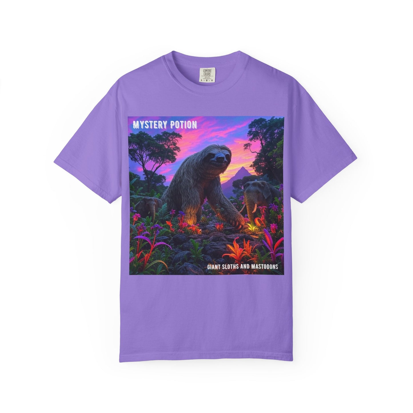 Mystery Potion's Giant Sloths and Mastodons Graphic T-Shirt | Unisex Garment-Dyed Tee for Nature Lovers, Unique Gift, Festival Wear, Prehistoric Design