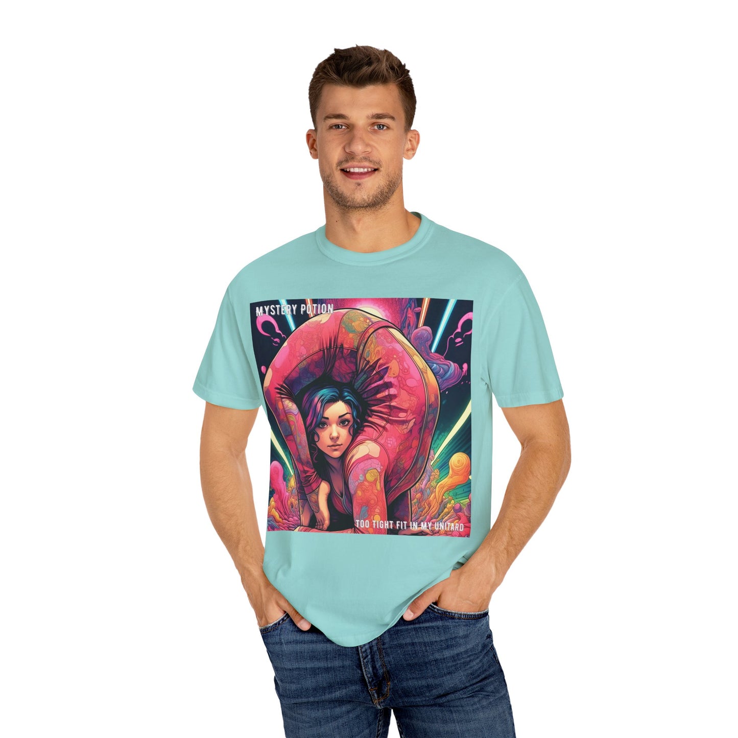 Mystery Potion Extreme Yoga Pose Unisex Garment-Dyed T-shirt, Artistic Tee, Vibrant Graphic Shirt, Unique Gift, Festival Wear, Comfortable Casual Top