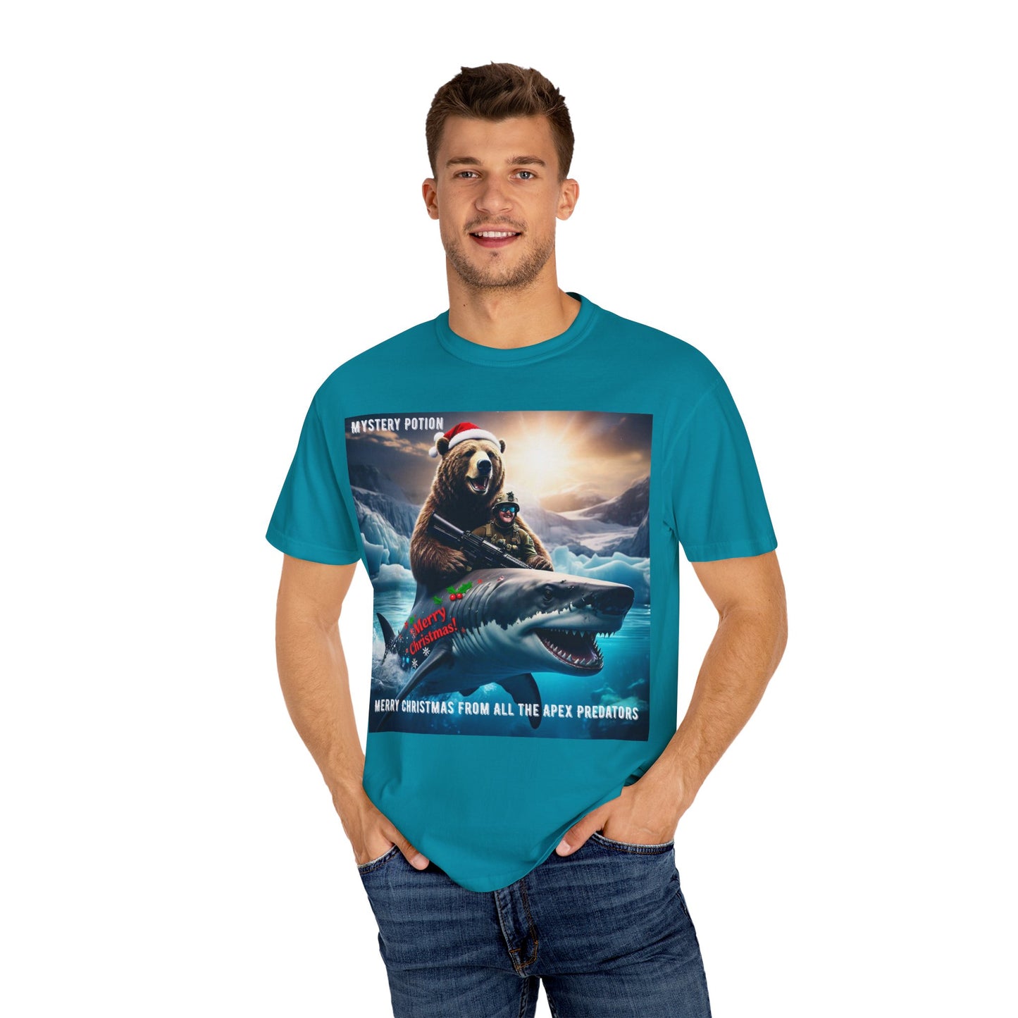 X-mas Humor T-Shirt "Merry Christmas from All the Apex Predators", Unisex Garment-Dyed Tee, Funny Holiday Shirt, Gift for Friends, Outdoor Adventure Wear, Novelty Apparel