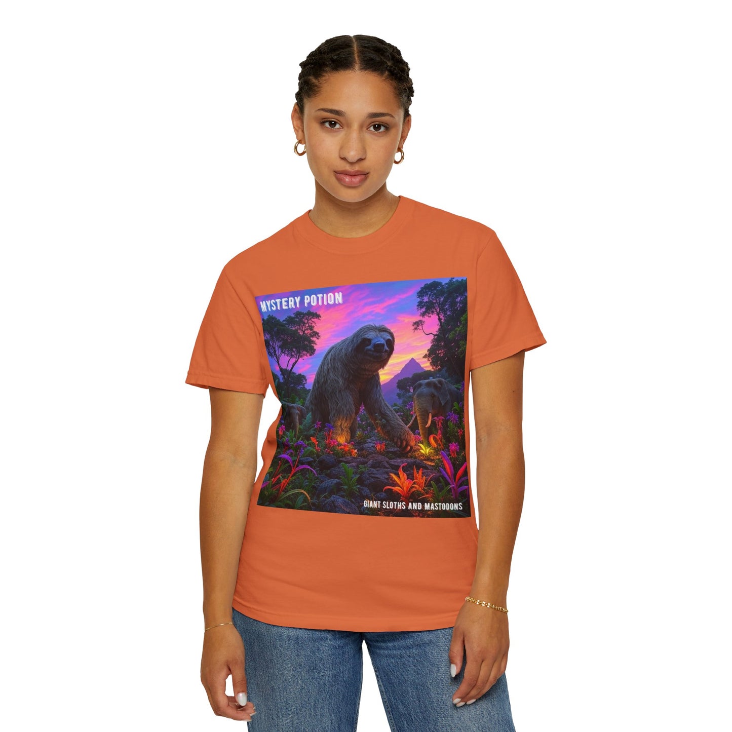 Mystery Potion's Giant Sloths and Mastodons Graphic T-Shirt | Unisex Garment-Dyed Tee for Nature Lovers, Unique Gift, Festival Wear, Prehistoric Design