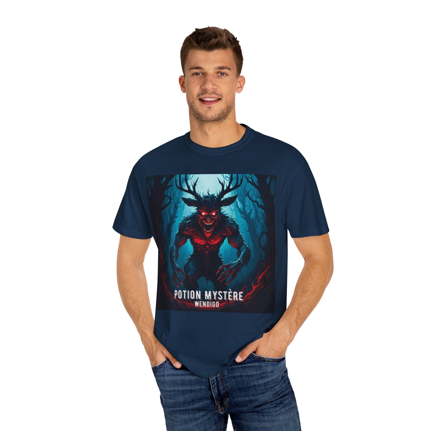 Mystical Wendigo T-Shirt, Unisex Garment-Dyed Tee, Potion Mystère Shirt, Halloween Apparel, Unique Graphic Tee