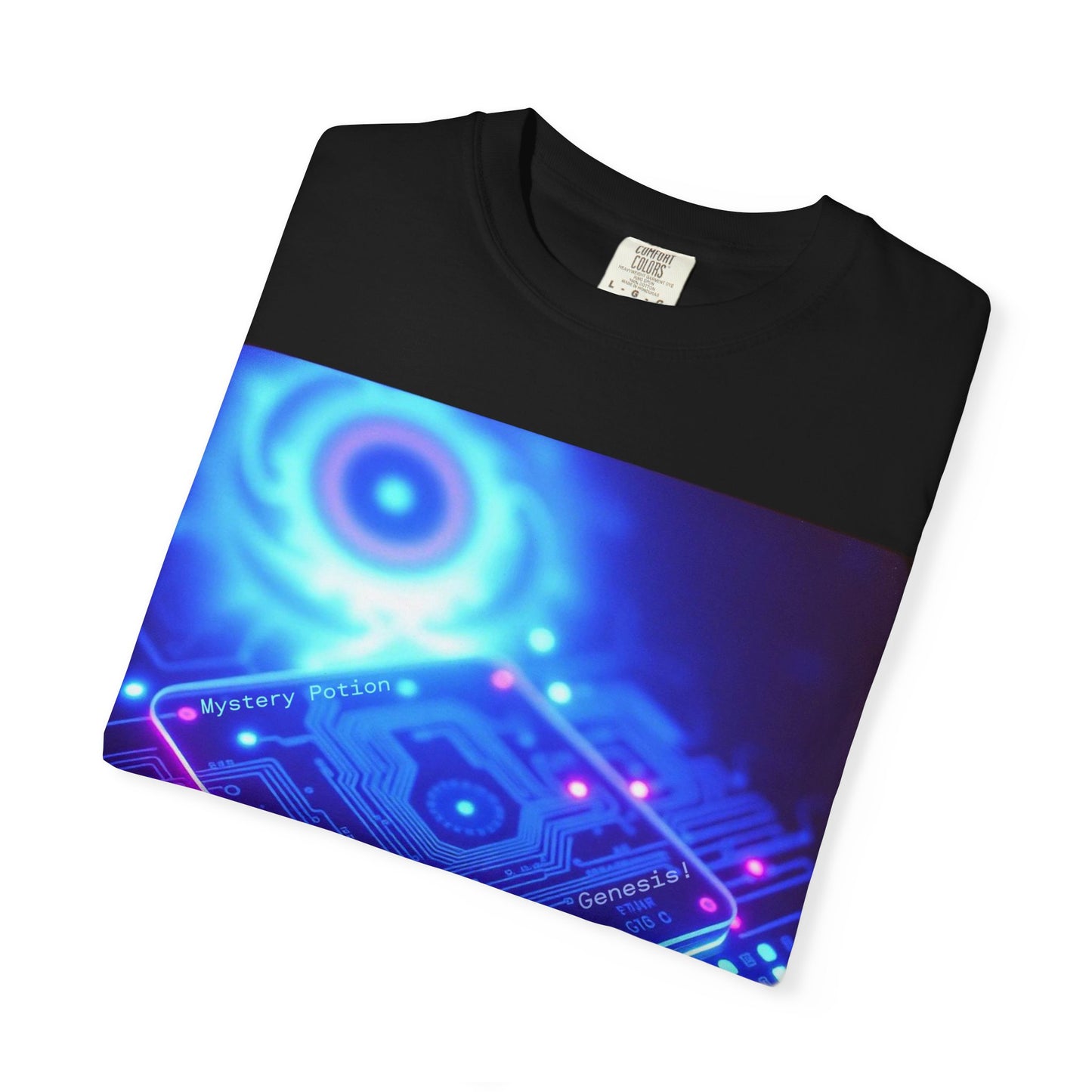 Genesis by Mystery Potion, Tech-Inspired Unisex Garment-Dyed T-Shirt, Unique Gift for Tech Lovers, Festival Wear, Casual Style, Gamer Apparel, Cyberpunk Vibe