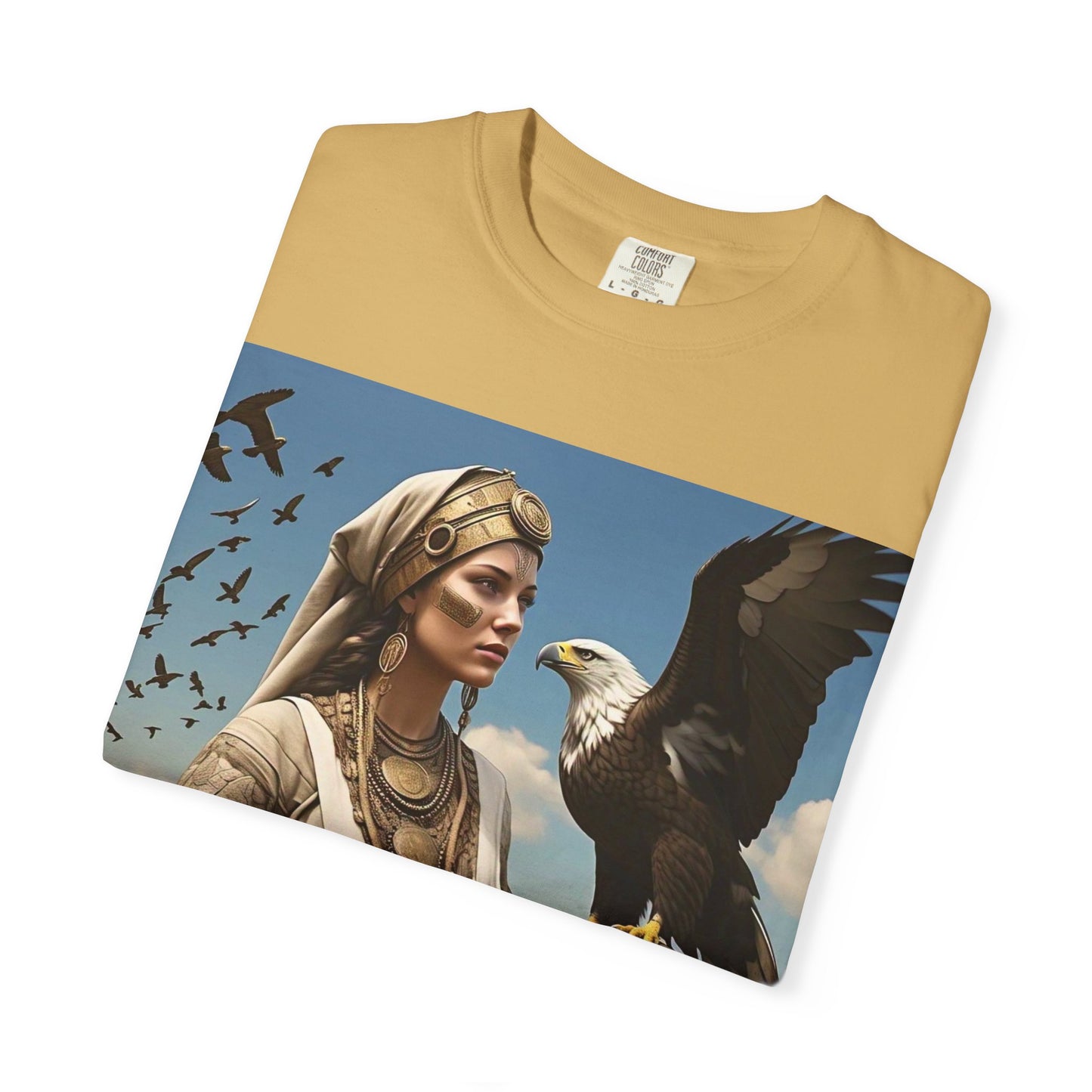 Empowered Eagle and Scythian Woman T-Shirt, Unisex Garment-Dyed Tee, Nature Lover Shirt, Gift for Bird Enthusiasts, Unique Graphic Tee