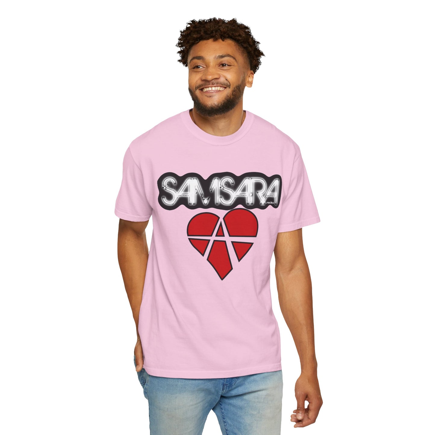 'Samsara Rocks' Logo, Love and Anarchy Graphic Tee | Unisex Garment-Dyed T-Shirt, Casual Fashion, Heart Design, Streetwear, Gift for Him/Her