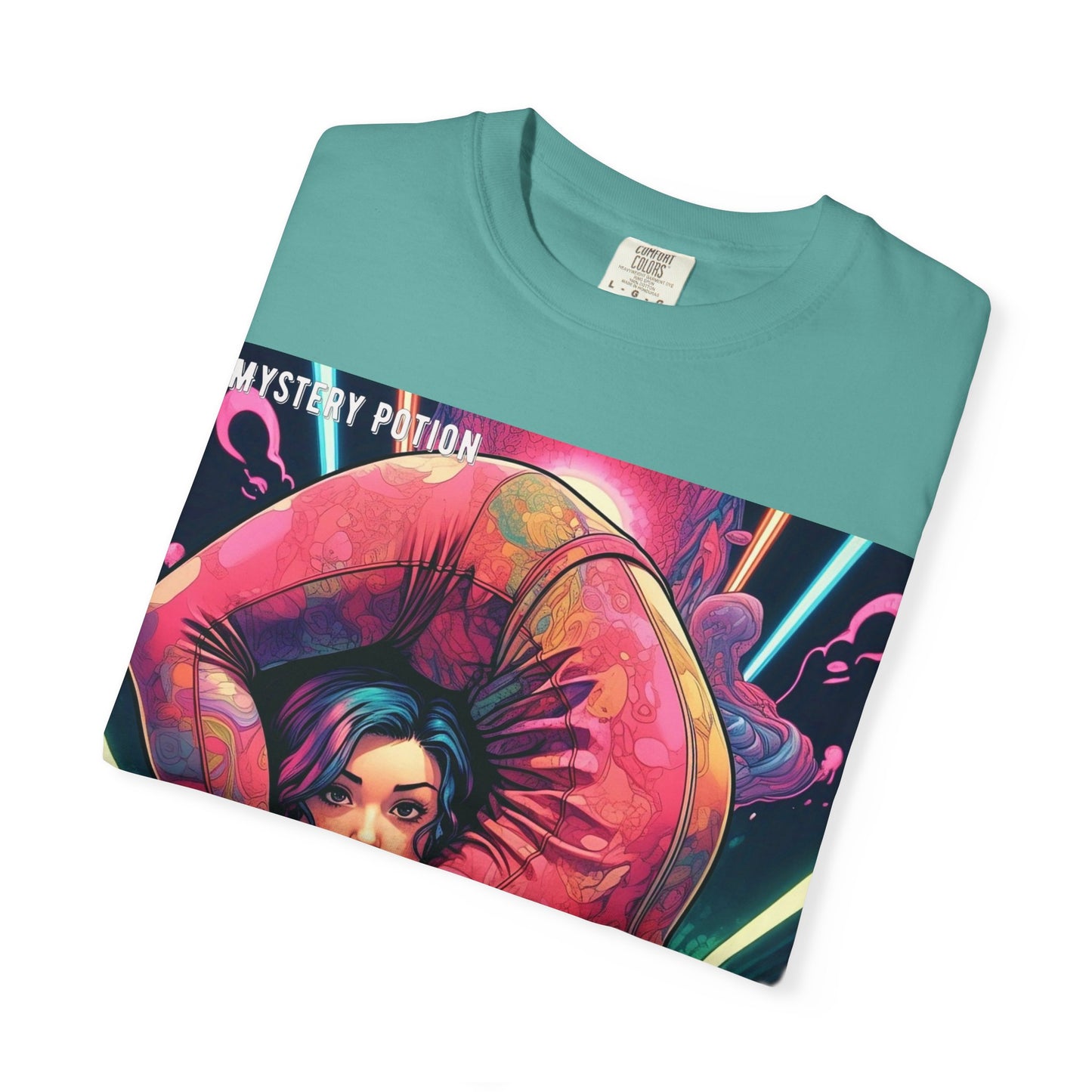 Mystery Potion Extreme Yoga Pose Unisex Garment-Dyed T-shirt, Artistic Tee, Vibrant Graphic Shirt, Unique Gift, Festival Wear, Comfortable Casual Top
